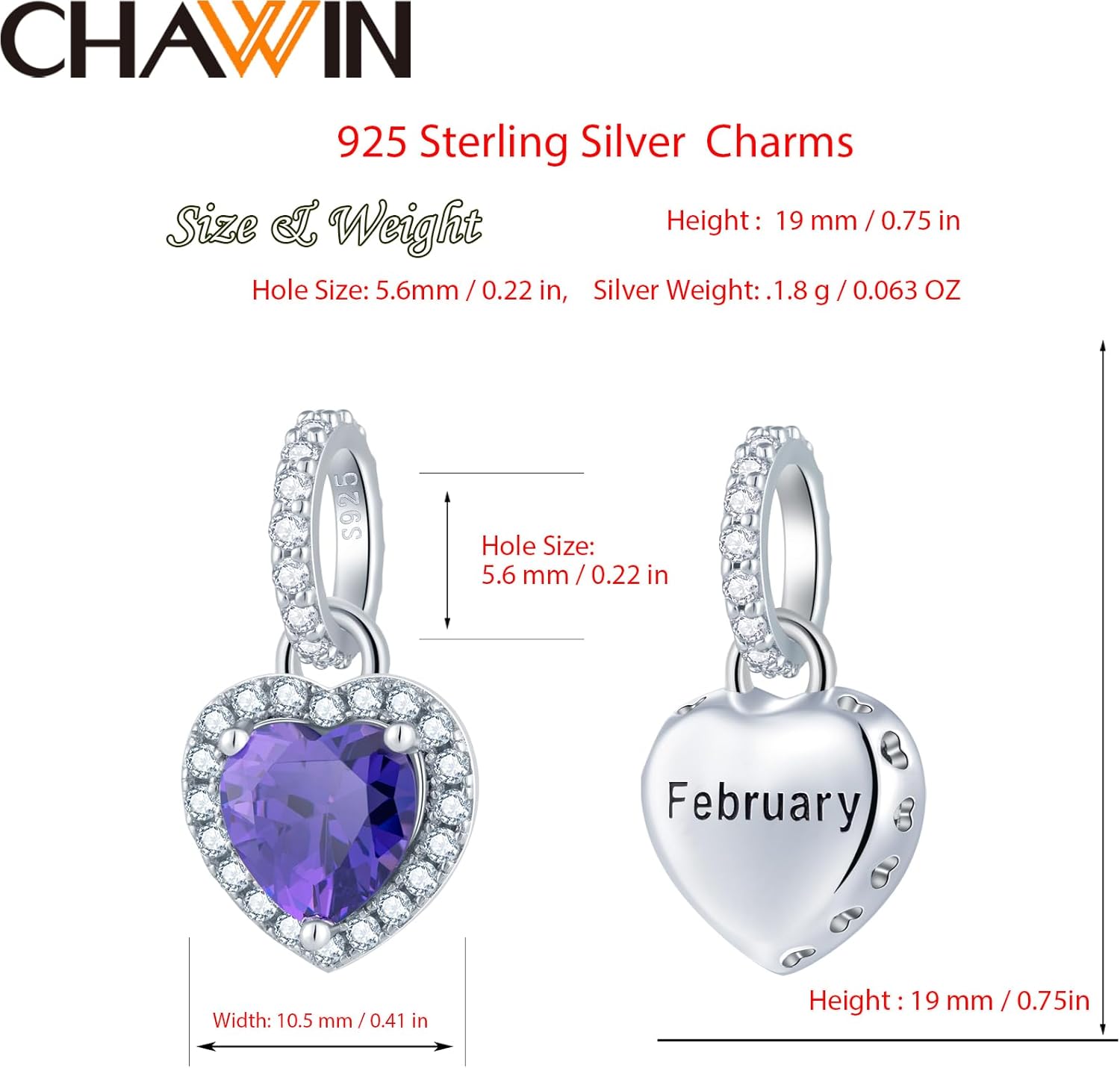 Birthstone Charms, 925 Sterling Silver Heart Dangle Charm, Sparkling CZ Compatible with Pandora Charm Bracelet, Necklace, Birthday Gifts for Women/Wife/Mother - Image 2