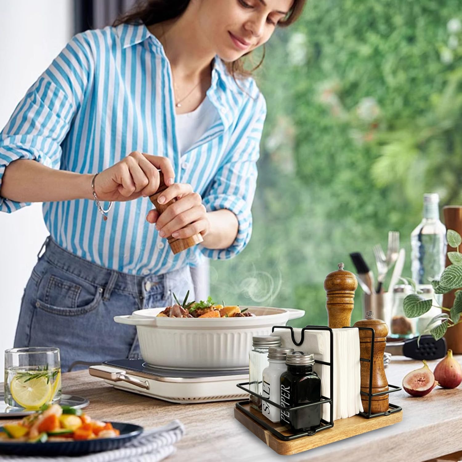 Servilleteros para mesa de cocina, dispensador de servilletas vertical giratorio de madera | Eso puede contener sal y pimienta rústico servilletero para cocina, comedor, mesa, decoración de cejas, acacia