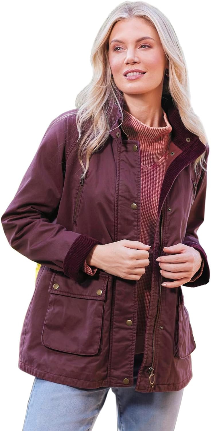 SAGEFINDS Portland Barn Jacket w/Corduroy Accents, Hidden Front Zipper w/Snap Closure, Hideaway Hood, Drawstring, Pockets