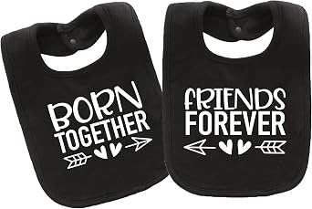 2-Pack Baby Twins Bibs Born Together Friends Forever Soft Cotton Matching Feeding Bib Twin Newborn Infant Boys Girls