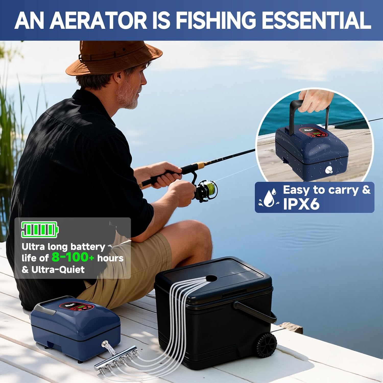 AQQA Rechargeable Aquarium Air Pump, 20W Portable Aerator for Fish Tank & Pond, 9 Outlets 380 GPH for 5-1500 Gallon, Outdoor Fishing and Emergency Power Outage