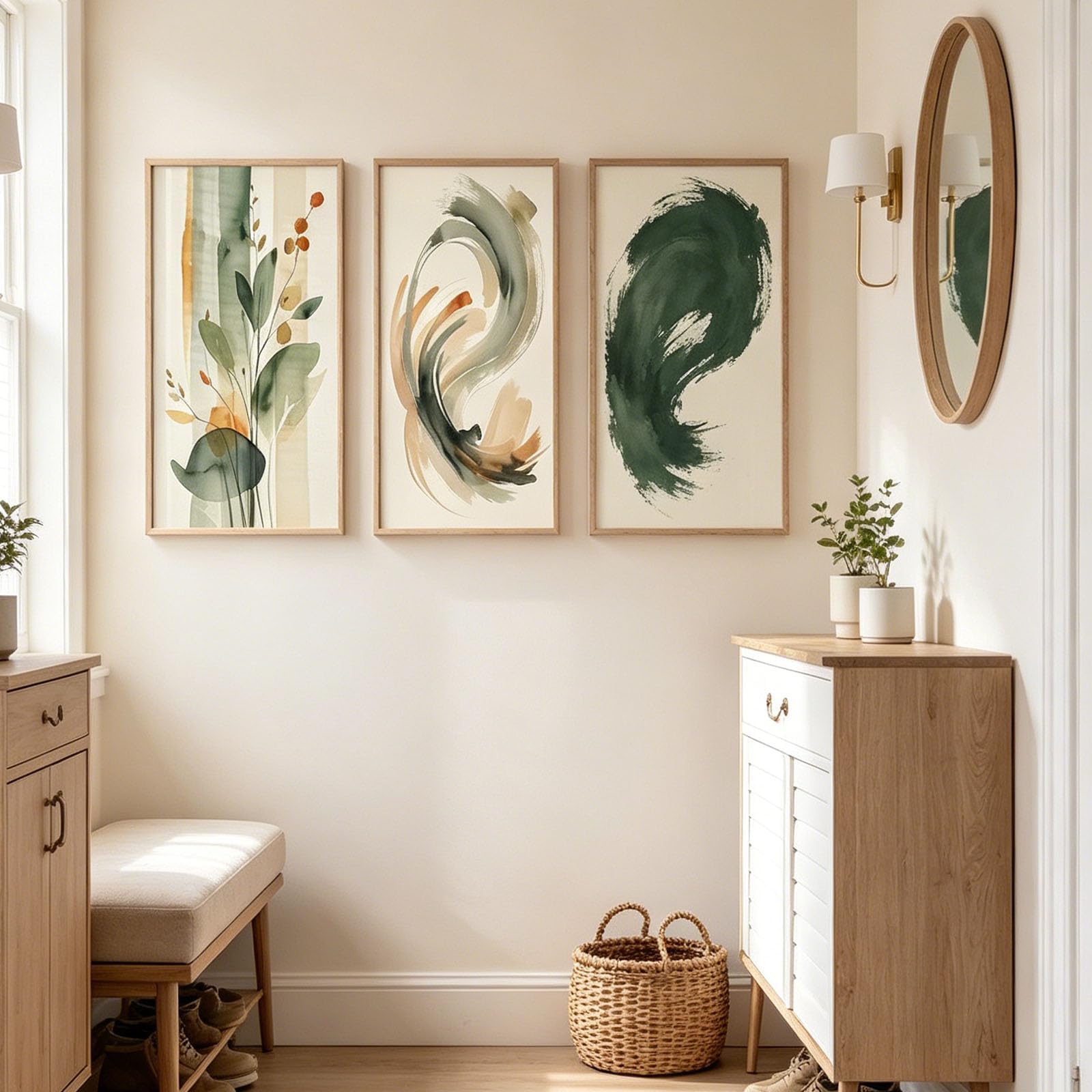 Abstract Floral Canvas Wall Art-Beige & Sage Green Botanical Prints with Geometric & Water Design Home Wall Decor(75x110cmx3/NO frame)