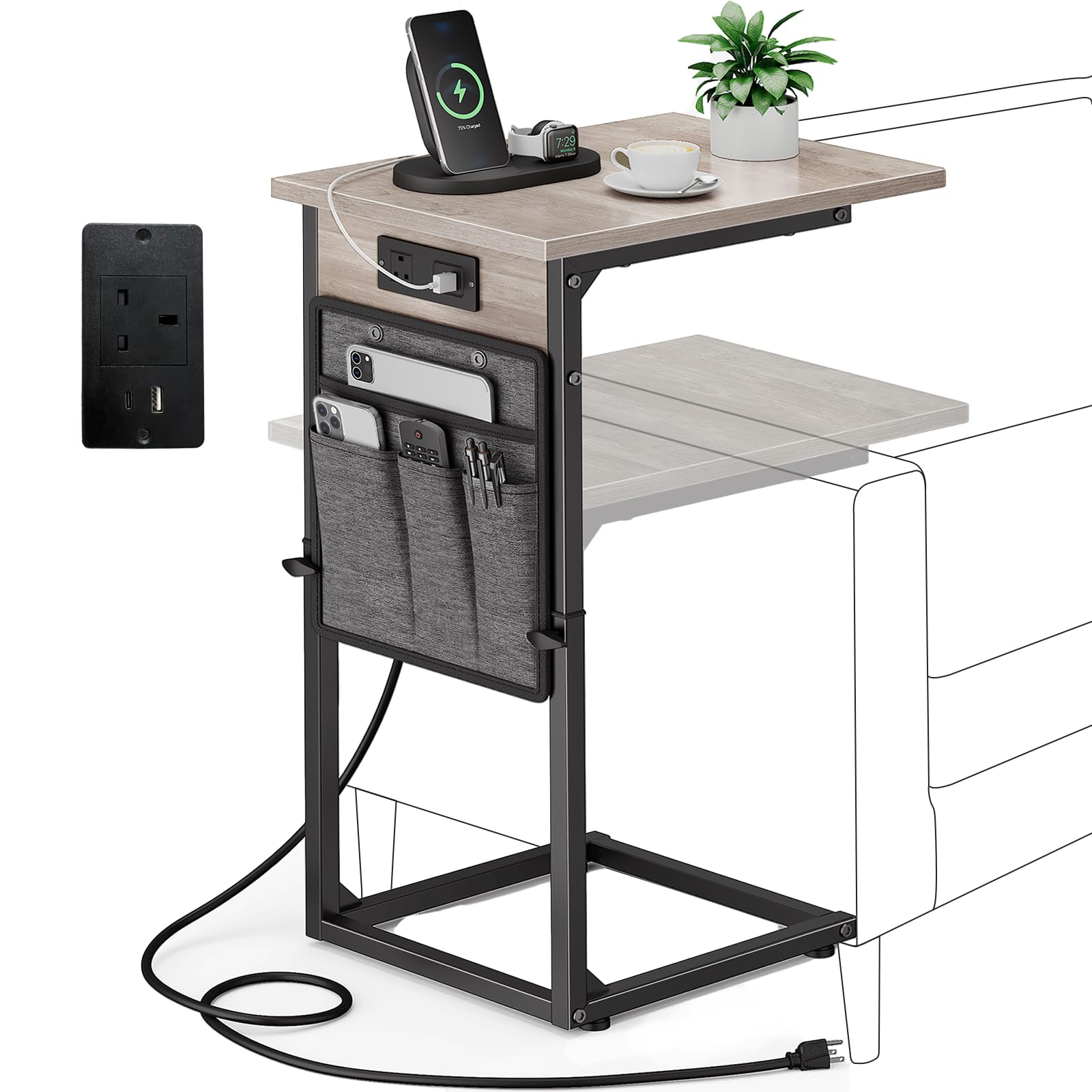 Vagusicc C-Shaped Side Table with Charging Station, Height Adjustable Sofa Side Table, Bedside Table, End Table for Small Spaces, TV Tray Table Coffee Table for Living Room, Bedroom, Greige