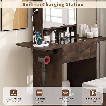 COSTWAY Small Dressing Table with 3-Color LED Lights Mirror and Stool, Drop-Leaf Makeup Table Vanity Desk with Charging Station, Fold-up Panel, Glass Top, Cabinet & Drawer for Bedroom (Rustic Brown)