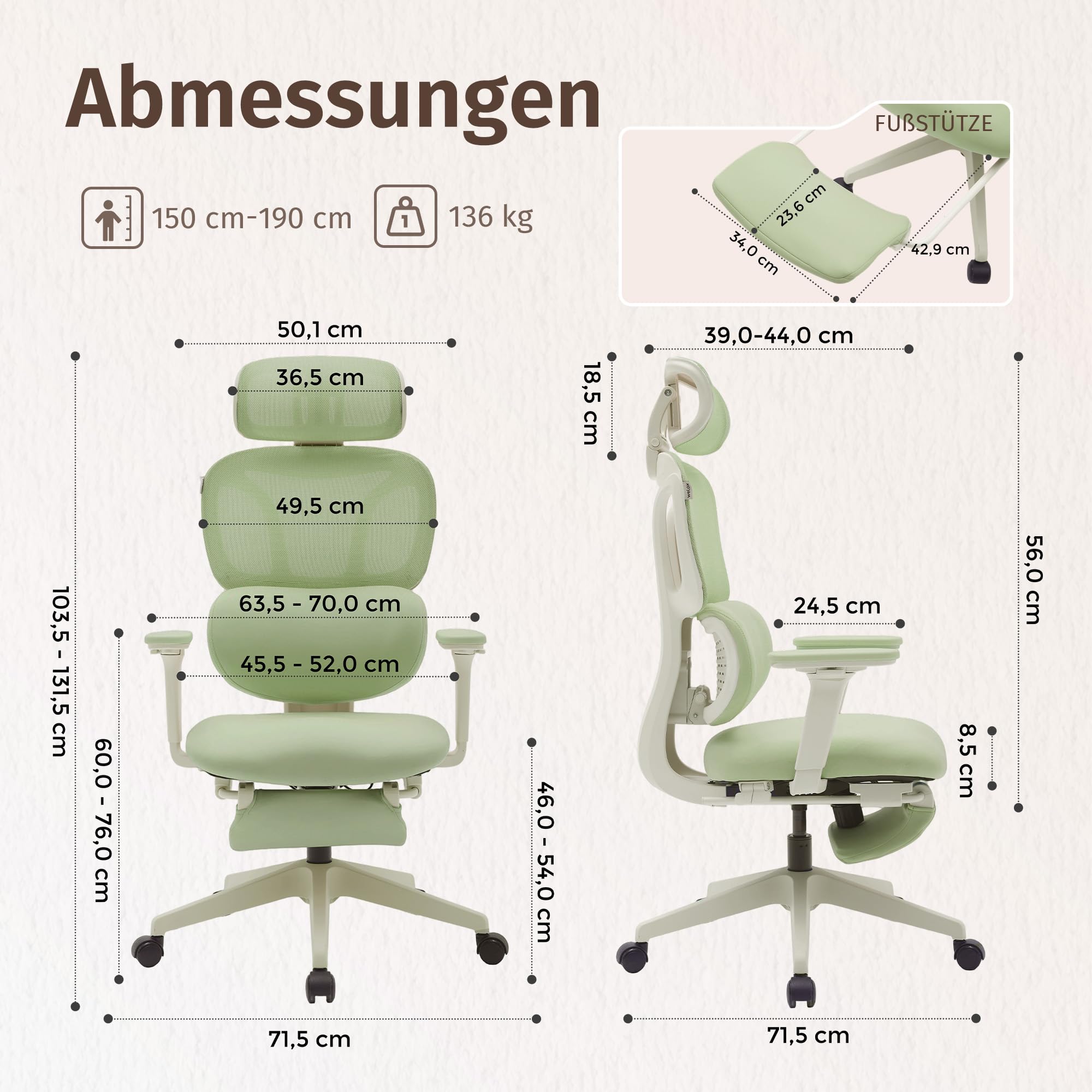 WELAX S3 Pro Ergonomischer Bürostuhl mit Netzbezug, Fußstütze und Verstellbarer Kopfstütze – Hochlehniger Schreibtischstuhl mit Lendenwirbelstütze für Homeoffice, Computer und Gaming, Grün