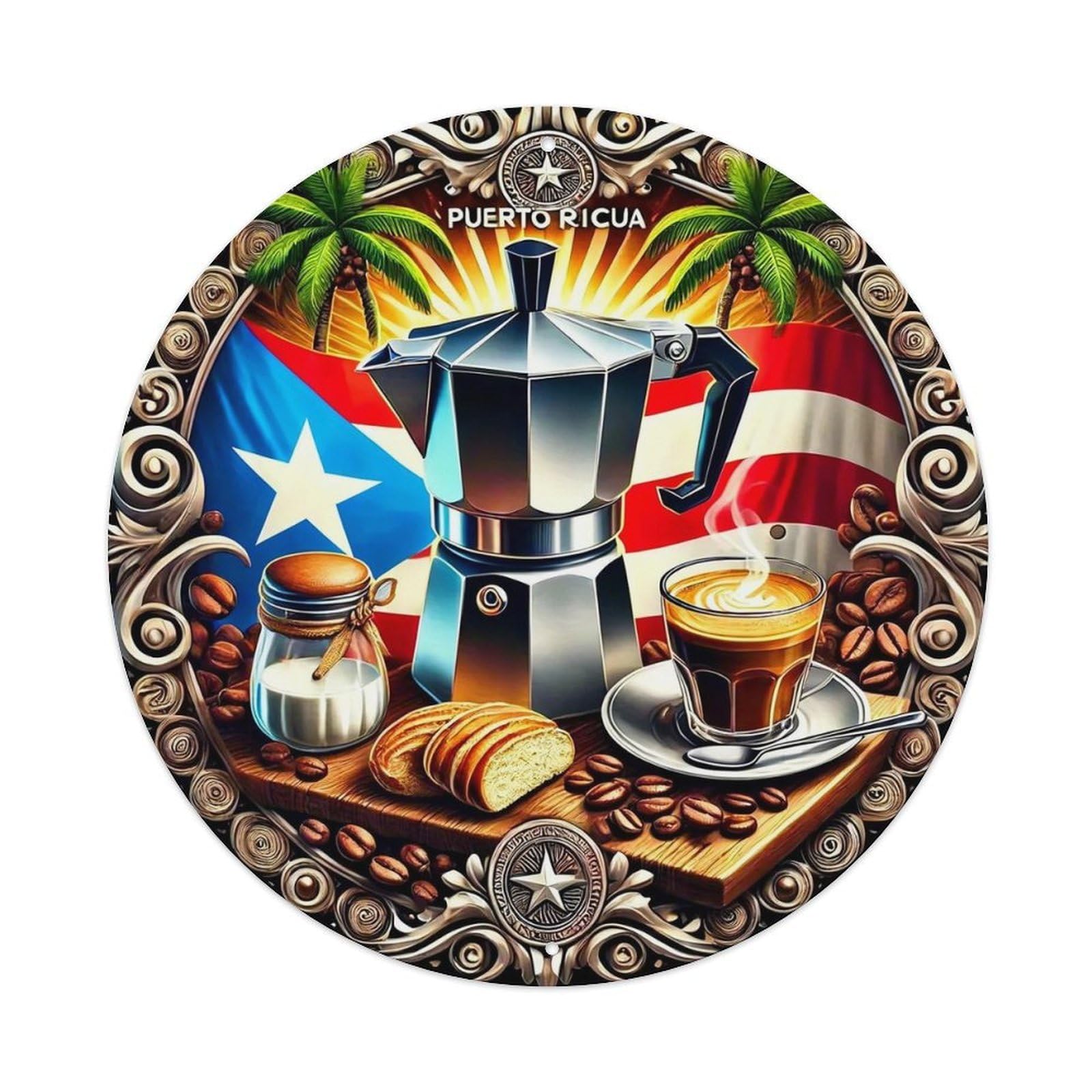 Puerto Rican Coffee Culture Art Round Metal Tin Sign Vintage Wall Decor, Bar Garage Cafe Kitchen Home Wall Art Poster 8x8inches