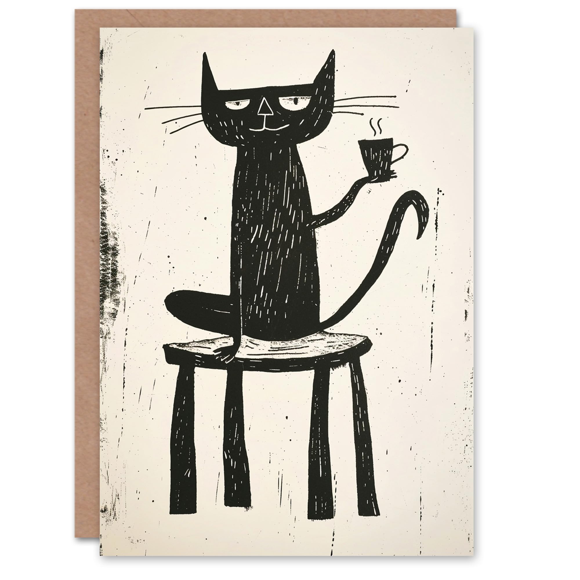 Artery8 Cat Lover Drinking Coffee Black Cartoon Blank For Him Or Her Art Birthday Card