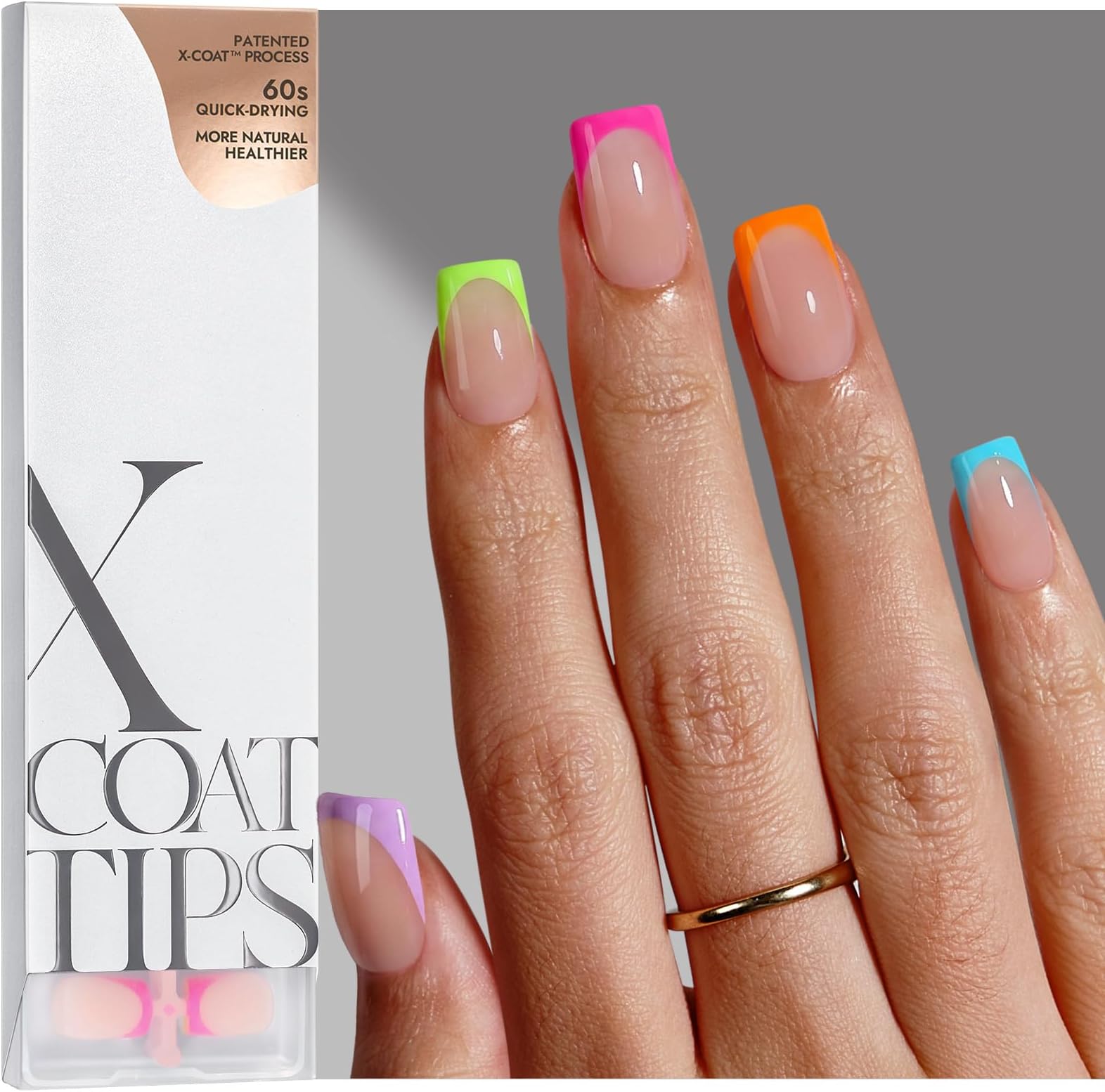 Short Square French Tip Press on Nails - 5 Bright Spring Colors, Strong UV Gel Bond for Long Wear, Salon Fake Nails for Easter & Parties, 160Pcs