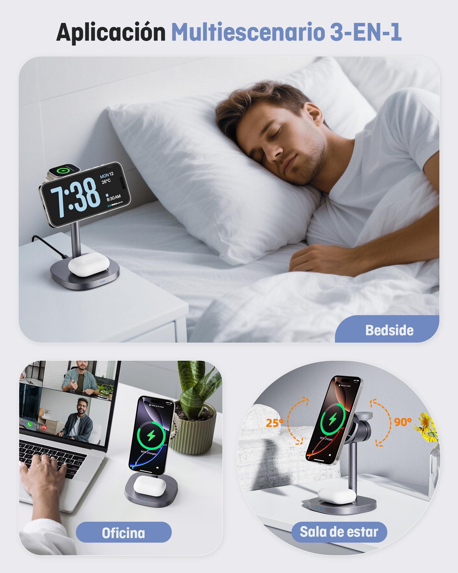 Cargador Inalámbrica magnético Qi2.2 25W, Estación de Carga Plegable 3 en 1 para iPhone 17/16/15/14/13/12, Wireless Charger Rápido Soporte para Apple Watch Ultra 3/11/10/9/8/7/6, para AirPods