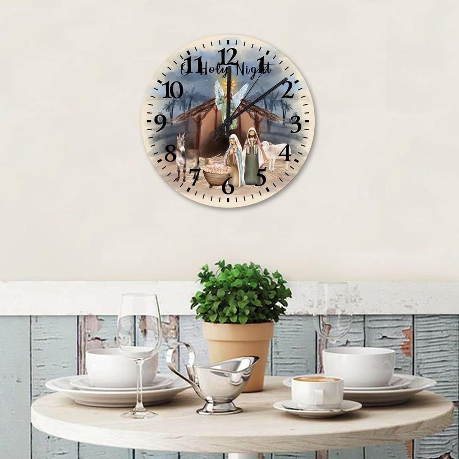 Birth of Jesus Wood Clock 15 Inch, As A Gifts for Kids Wall Clock Modern Battery Operated Quartz Quiet Round Arabic Numbers Clock for Living Room Office