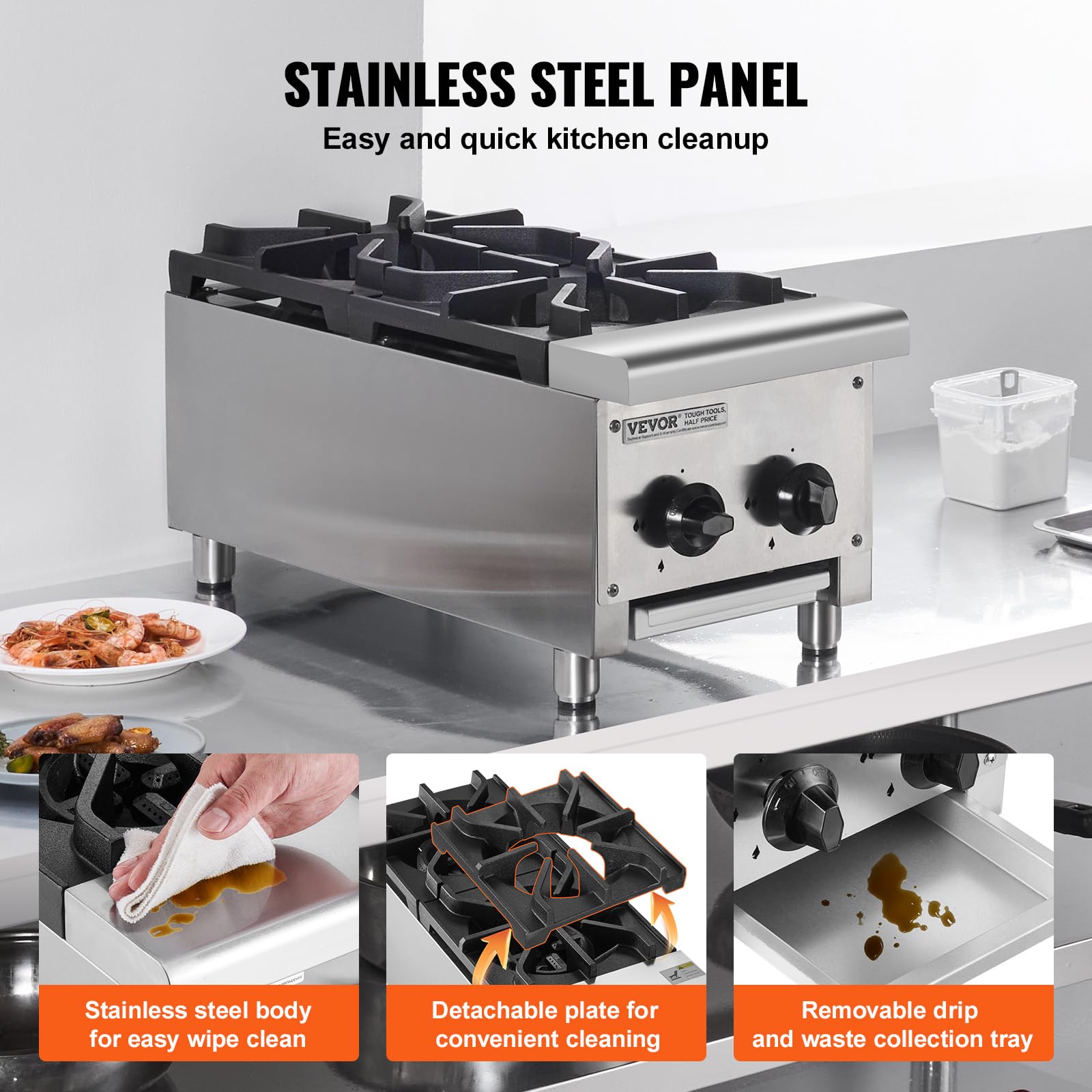 VEVOR Cuisinière à Gaz Commerciale avec 2 Brûleurs, Plaque de Cuisson de Comptoir au Propane et au Gaz Naturel, 14 kW, en Acier Inoxydable, Équipement de Cuisson Commercial pour Restaurant Domicile