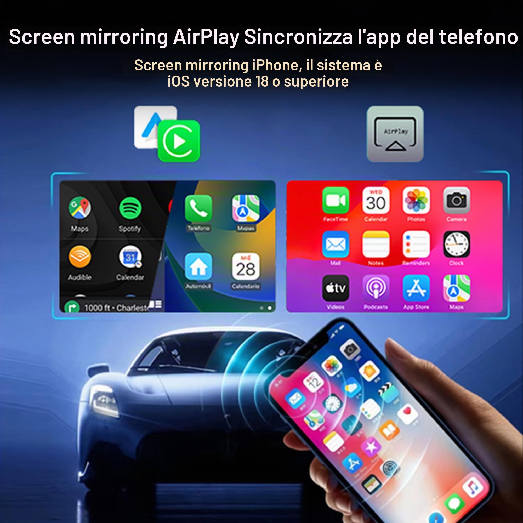Adattatore Wireless CarPlay 4 in 1 – Cavo per auto CarPlay & Android con Mirror Link & AirPlay, Modulo CarPlay Wireless Plug & Play per iPhone e Android, auto dal 2016 (argento)