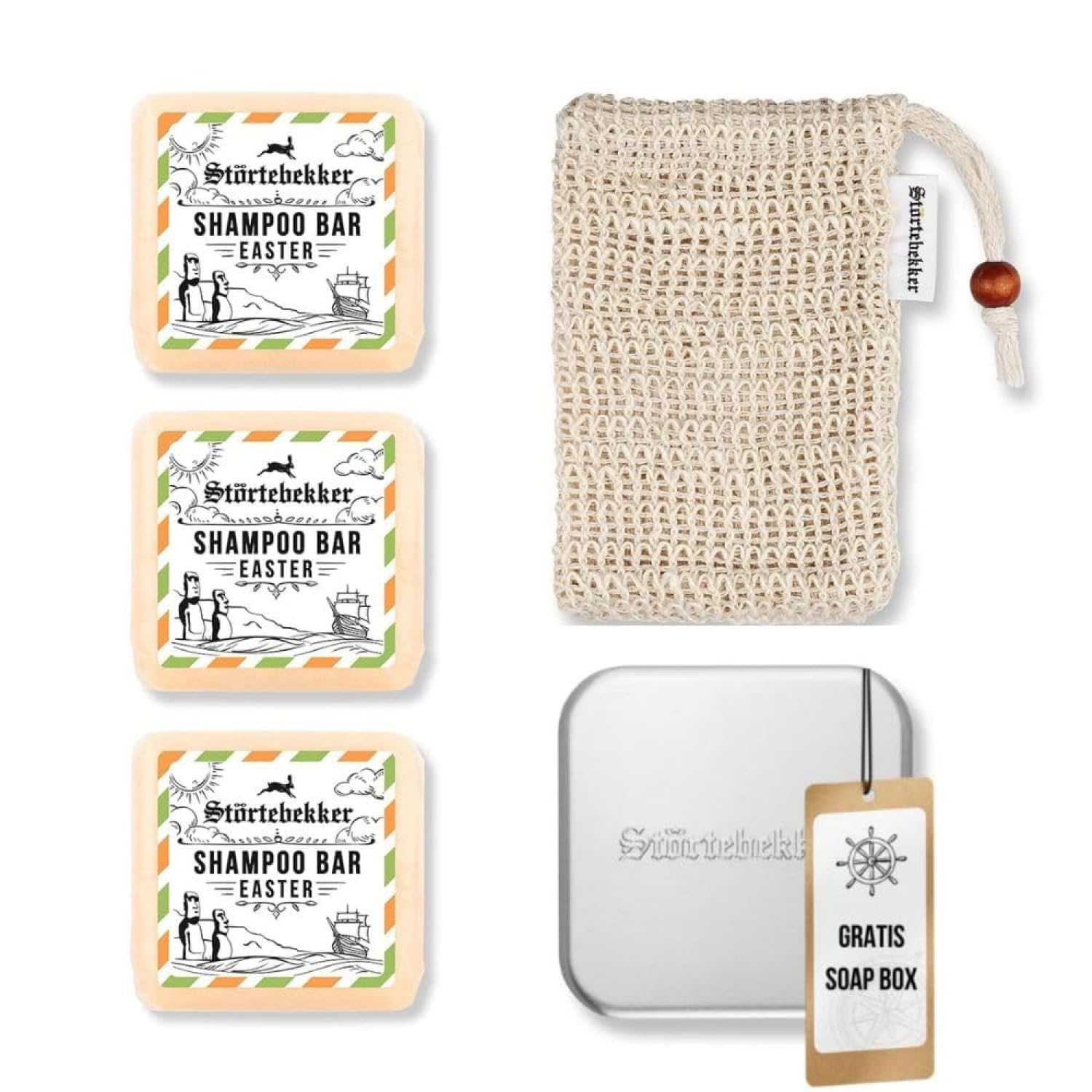 Störtebekker® Premium Duschset - Festes Shampoo Bergamotte (x3), Sisalsäckchen + GRATIS Seifendose Aluminium - Shampoo Bar Set für Haare, Kopfhaut & Bart - Handgefertigt in Seifenmanufaktur