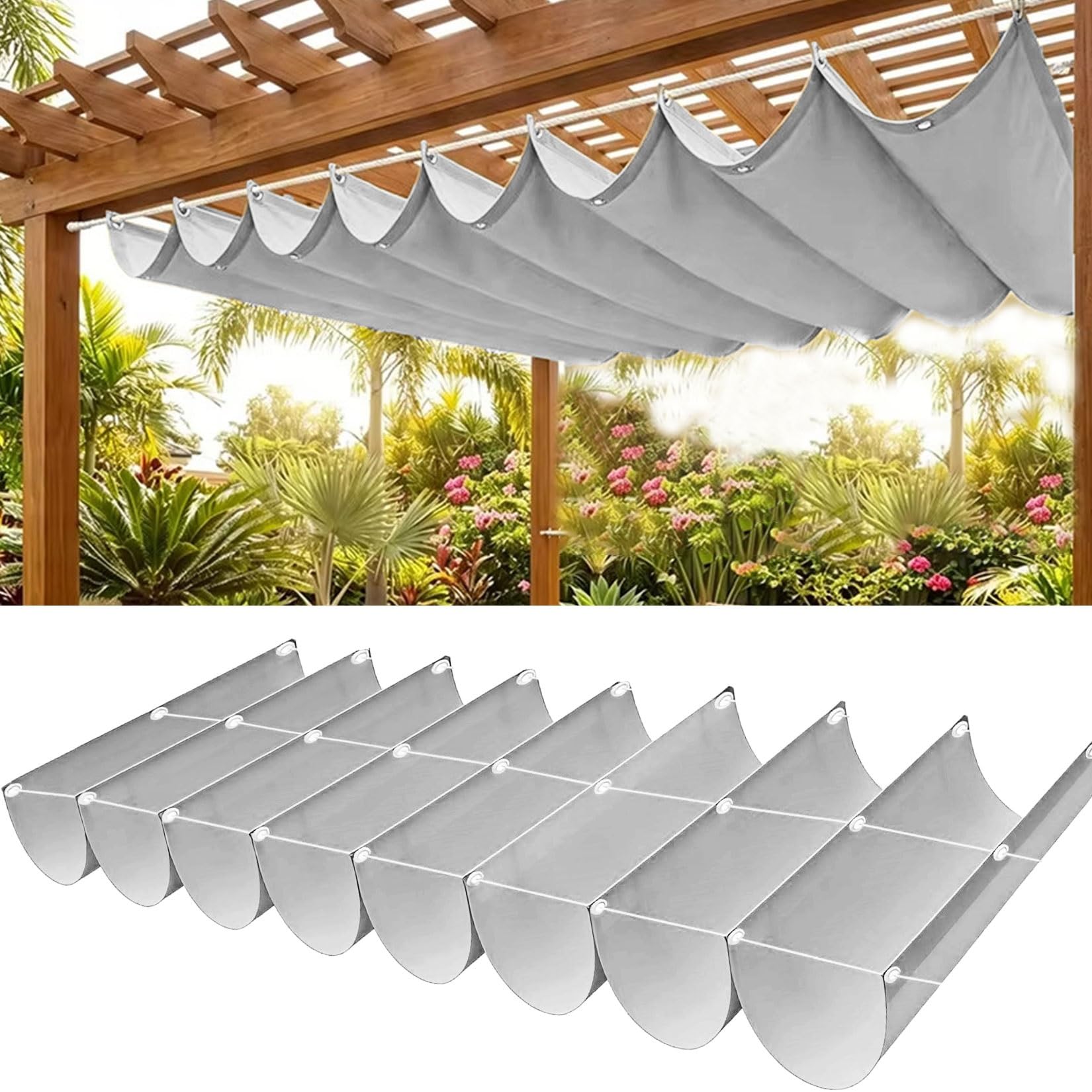 Toile d'ombrage rétractable vague 135x440 cm gris clair pour pergola et terrasse extérieure