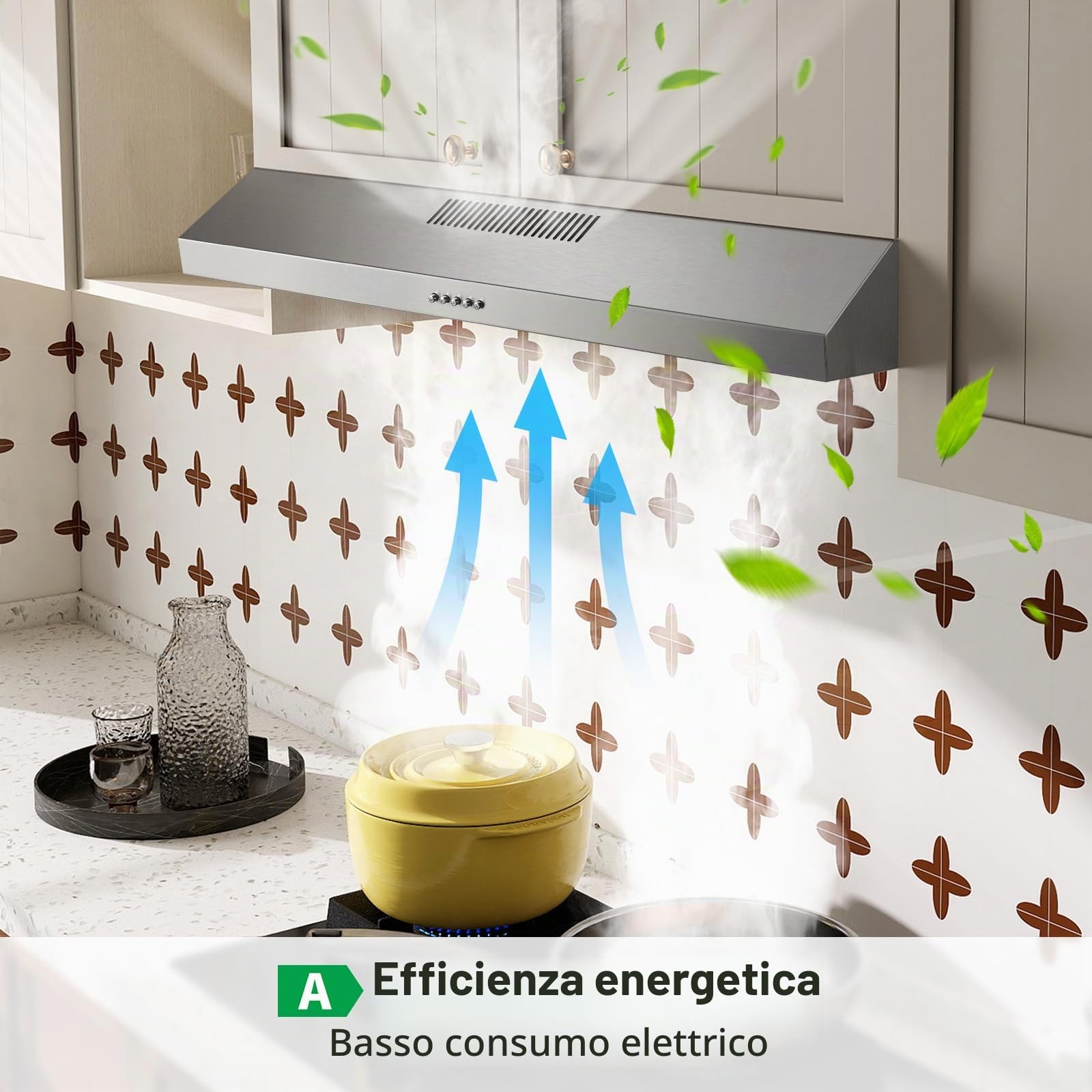 TopStrong Cappa aspirante da 90 cm, con illuminazione a LED, 201 m³/h, con filtro ai carboni attivi CF-D, classe energetica A, 3 livelli, acciaio inox, argento