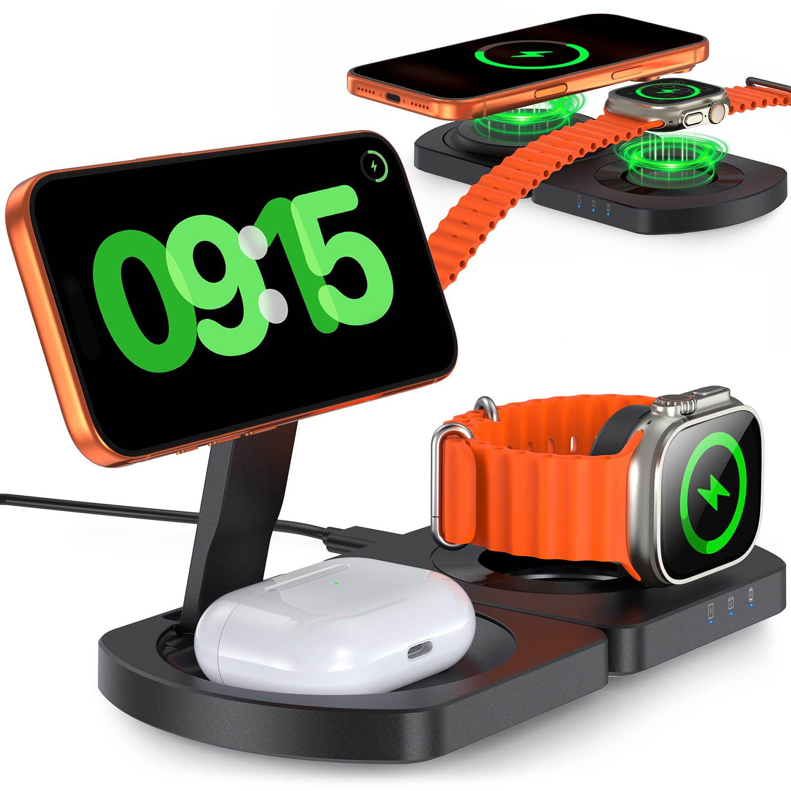 Mag-Safe Ladegerät Faltbares Kabelloses, Induktive Ladestation Für iPhone 17 Air/16/15/14/13/12 Serie, 3-in-1 Wireless Charger Für Apple Watch Serie 10–3 Und AirPods, Kein Adapter, Schwarz