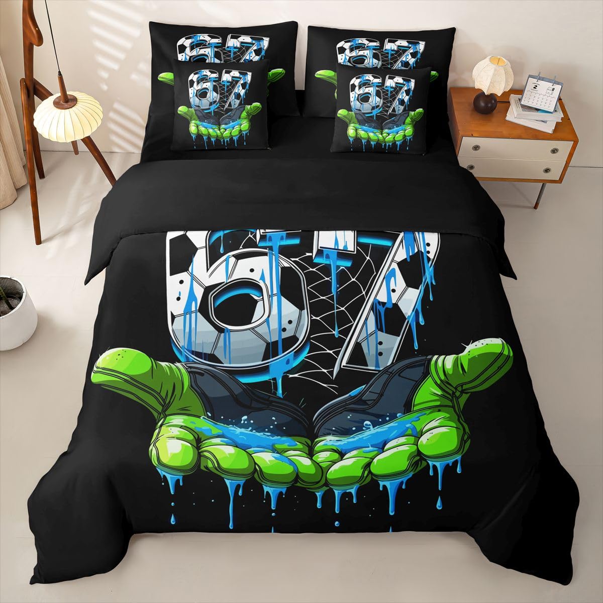 Sechs Sieben 6 7 Bettwäsche 155x220 7teilig Fußball Spiele Bettwäsche-Set 1 Bettbezug,1 Spannbettlaken,1 Bettlaken,2 Kissenbezüge,2 Dekokissenbezüge Kinder Jungen Mädchen EIS Tropfen