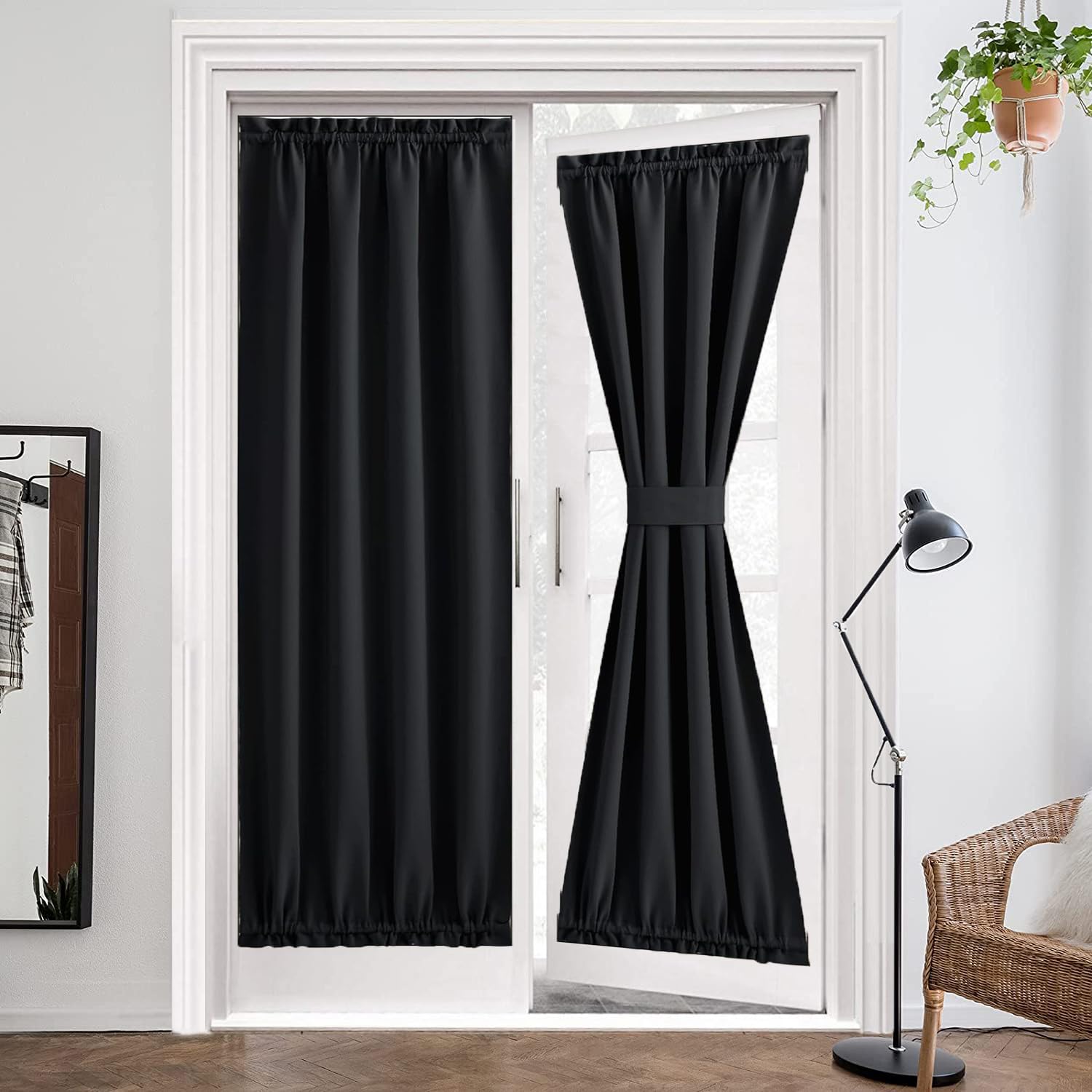 ZHhan French Door Curtains Privacy Blackout French Door Rod Pocket Drapes for Glass Door Home Office,Sidelight Curtain Tie up Shade,Easy Installed 66x182cm,Black,1 Panel