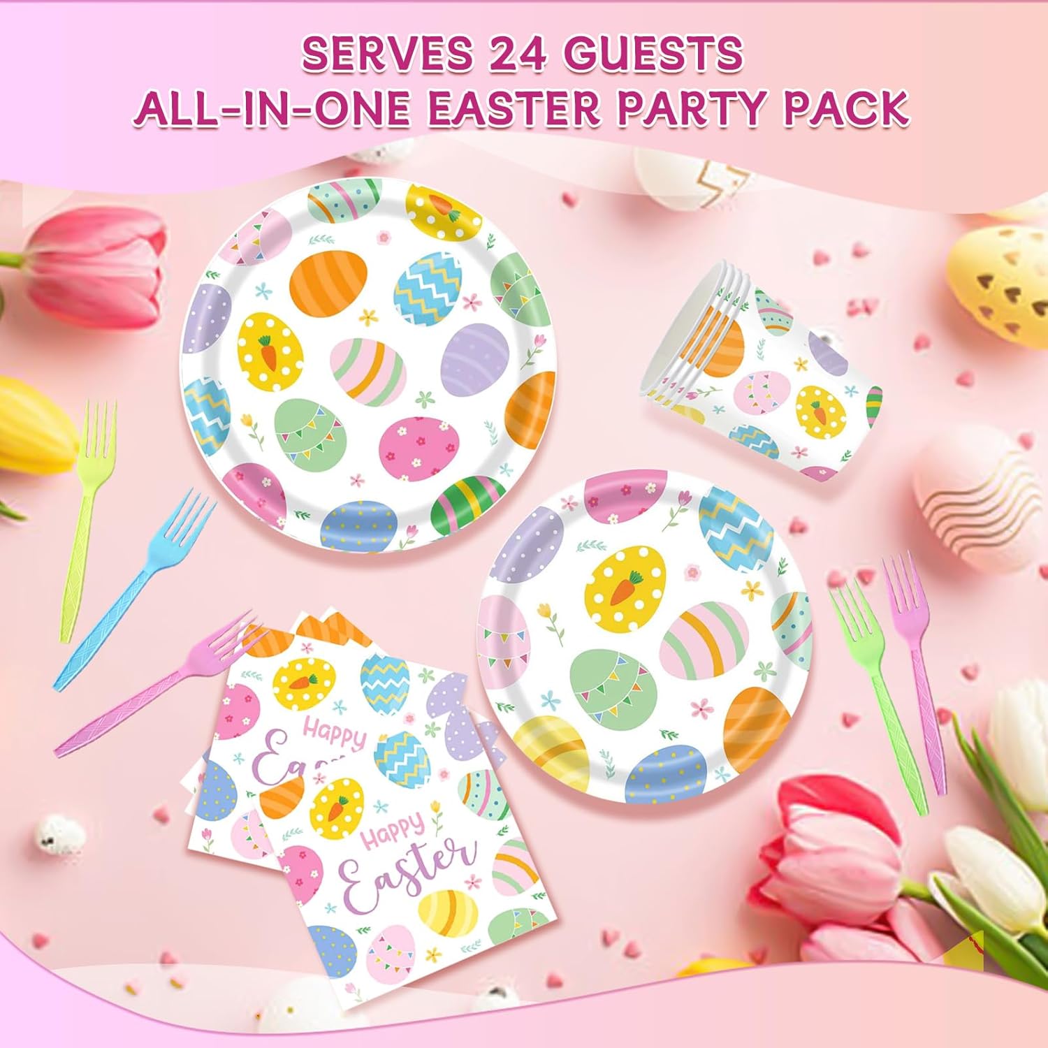Easter Birthday Party Supplies Set - 120-Piece Easter Paper Plates and Napkins Forks Tableware Set,Disposable Tableware Kit with Bunny & Egg Designs, Perfect for Kids & Adults Spring Celebrations