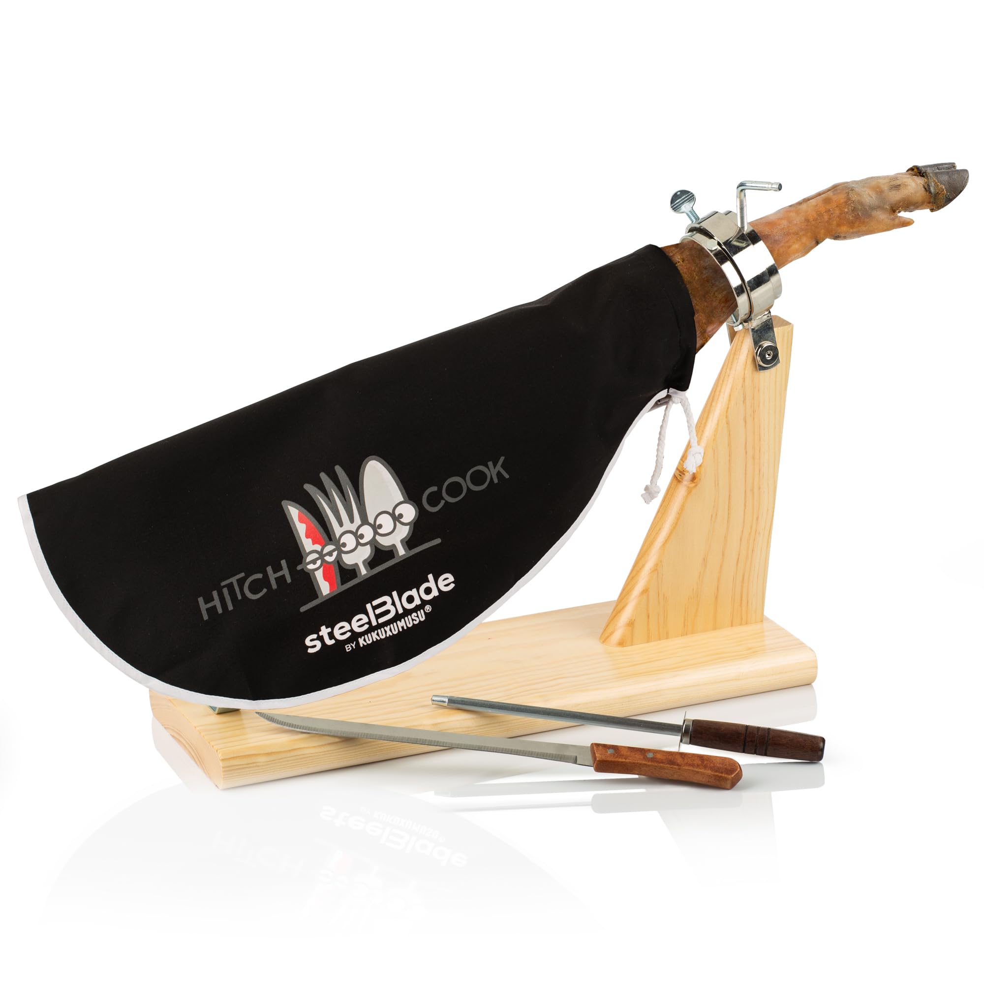 SteelBlade Support Jambon Rotatif 360° Inox + Couvre-Jambon Kukuxumusu + Couteau - Fabriqué Espagne