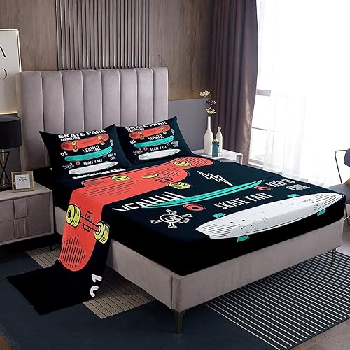 Feelyou Juego de sábanas de patineta para adolescentes, niños, hippie, deportes, sábana bajera ajustable para niños, ropa de cama de hip hop, 1