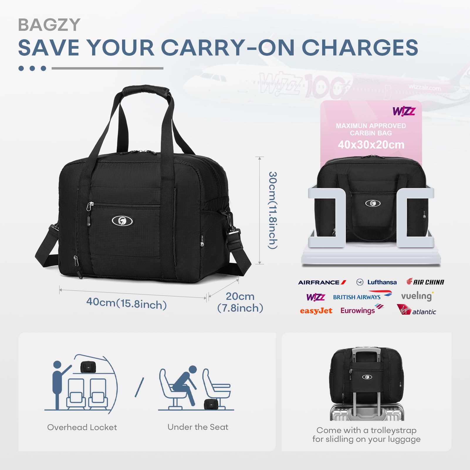 BAGZY 2X for New Ryanair Cabin Bags 40x30x20 Underseat, Bagages Cabine 40x20x30cm Wizzair, Pliable Sac de Voyage Sac Avion Transavia Imperméable Sacs Organisateur Sport Weekend Hospital Bag