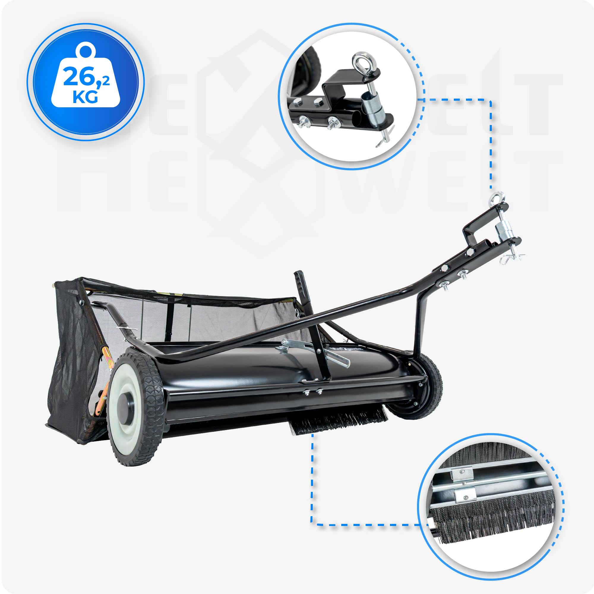 Raccoglitore foglie e prato HW-SWEEPER 370L, spazzatrice da giardino per trattorino e quad, larghezza 96 cm, spazzatrice rimorchio per foglie, erba, aghi e rifiuti da giardino