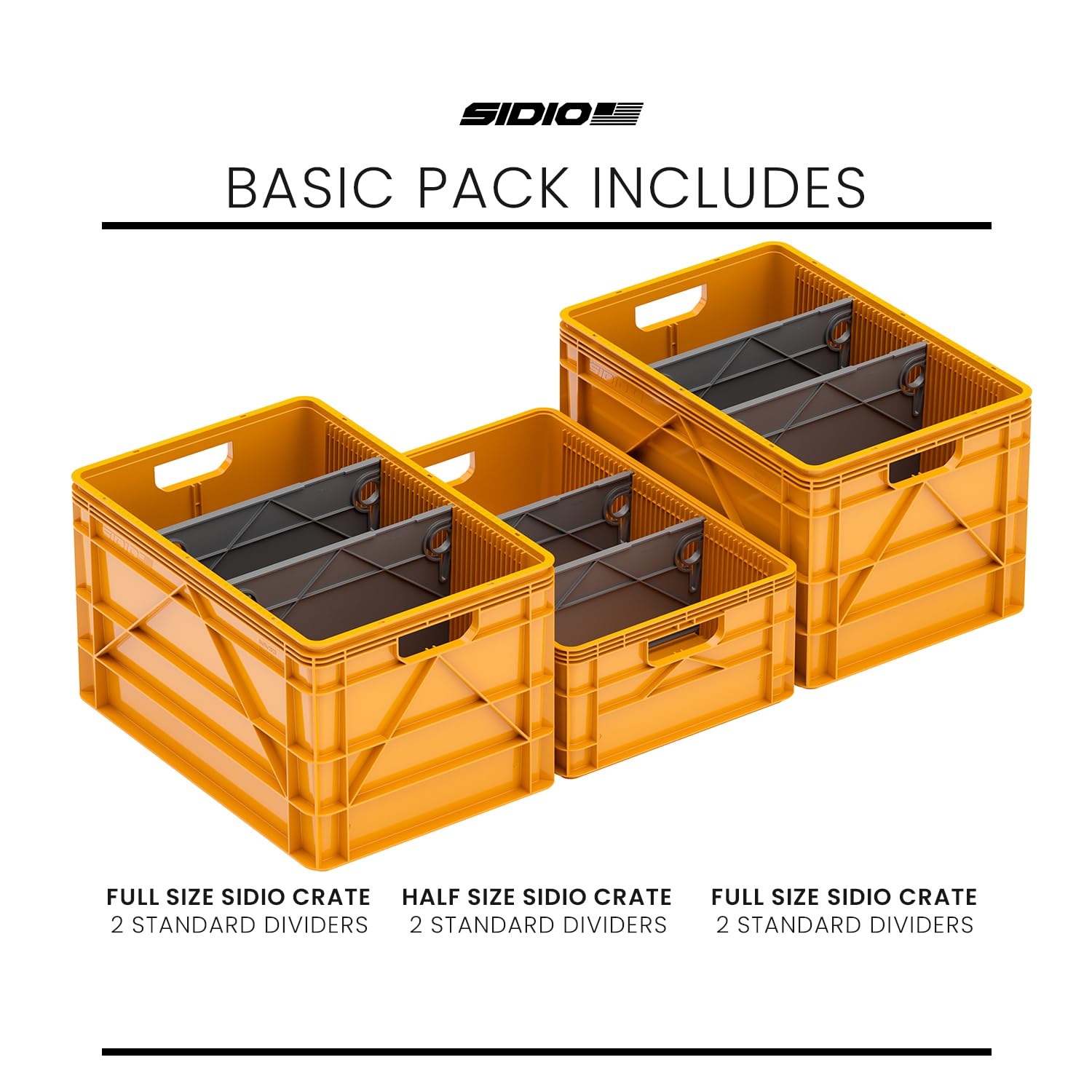 SIDIO Crate Basic Pack – 2 contenedores apilables de tamaño completo y 1 medio tamaño resistente, contenedores con divisores – Organizador de plástico duradero para el hogar, oficina, garaje y uso al