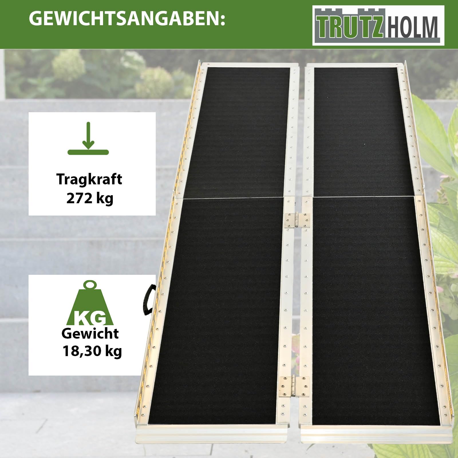 TRUTZHOLM Rollstuhlrampe Auffahrrampe 2-Fach klappbar 213 cm Traglast 272 kg Alu grau schwarz beschichtet