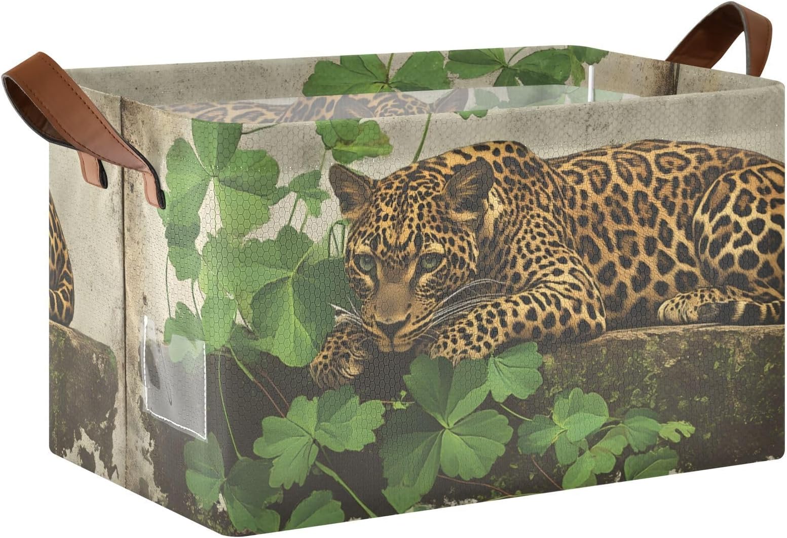 Lucy Leaf Leopard Storage Bins 2 Pack with Foldable Steel Frame Water Resistant Fabric, Storage Cube Baskets for Closet Shelf Organizer 16.9×11.4×7.7 inches