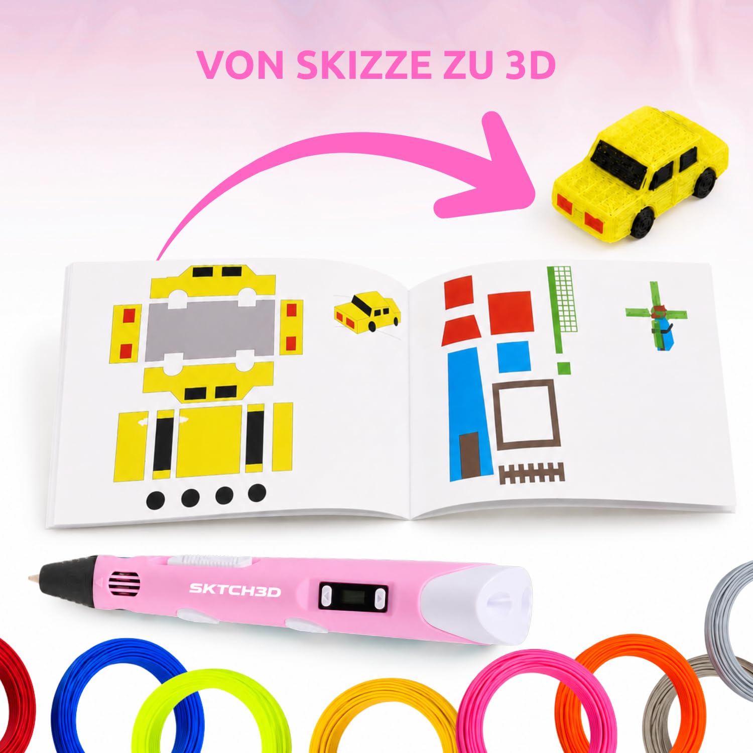 Długopis 3D z filamentem PLA 50 m – profesjonalny zestaw startowy 3D z 10 kolorami, adapterem USB, szablonem i instrukcją (może nie być dostępna w języku polskim) – pisak 3D do kreatywności