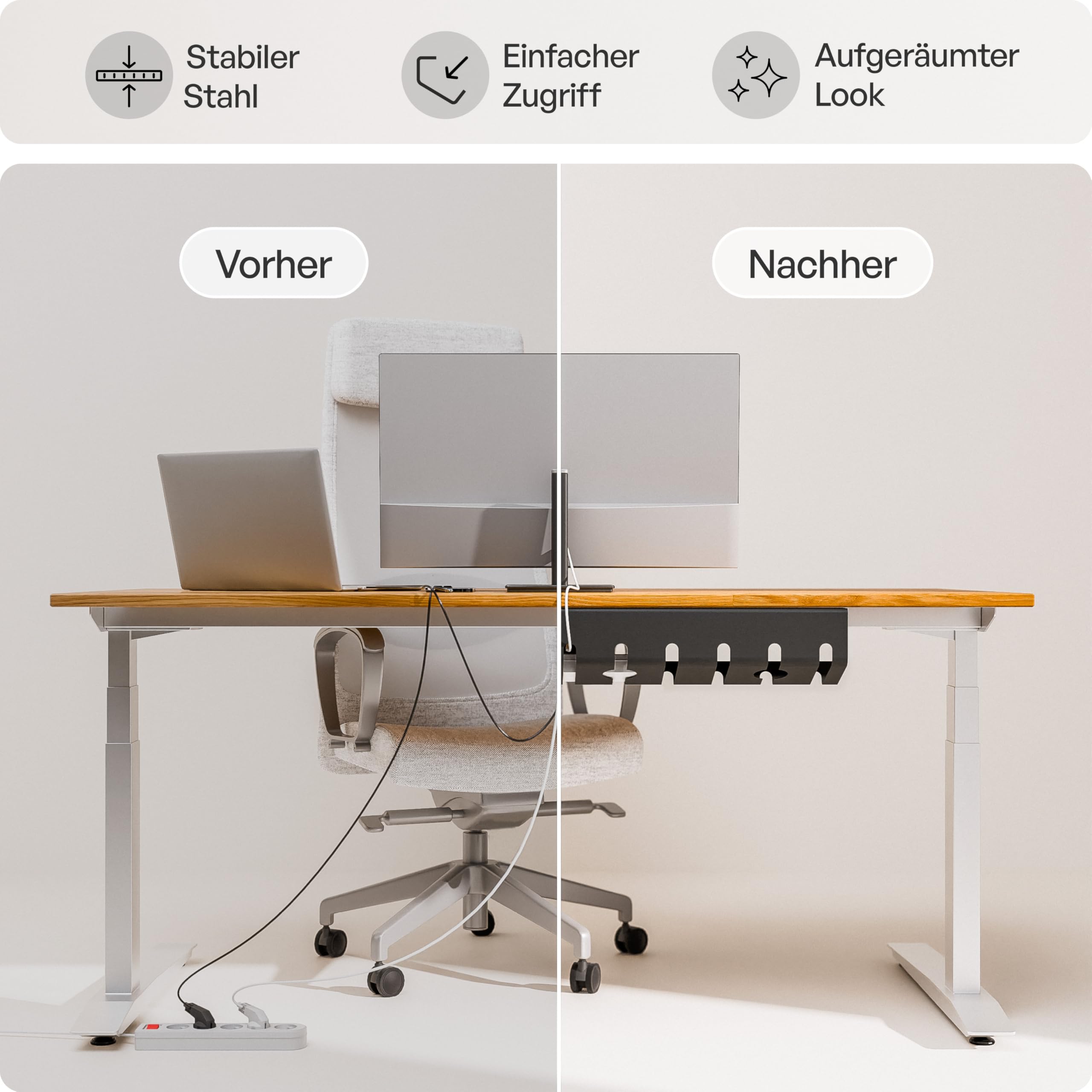 PAMO Kabelkanal Schreibtisch schwarz 2er Set - inkl. 10x Klett Kabelbinder und Kabel-Clips - einfache Installation inkl. Schrauben - Schreibtisch Organizer für Büro und Home Office
