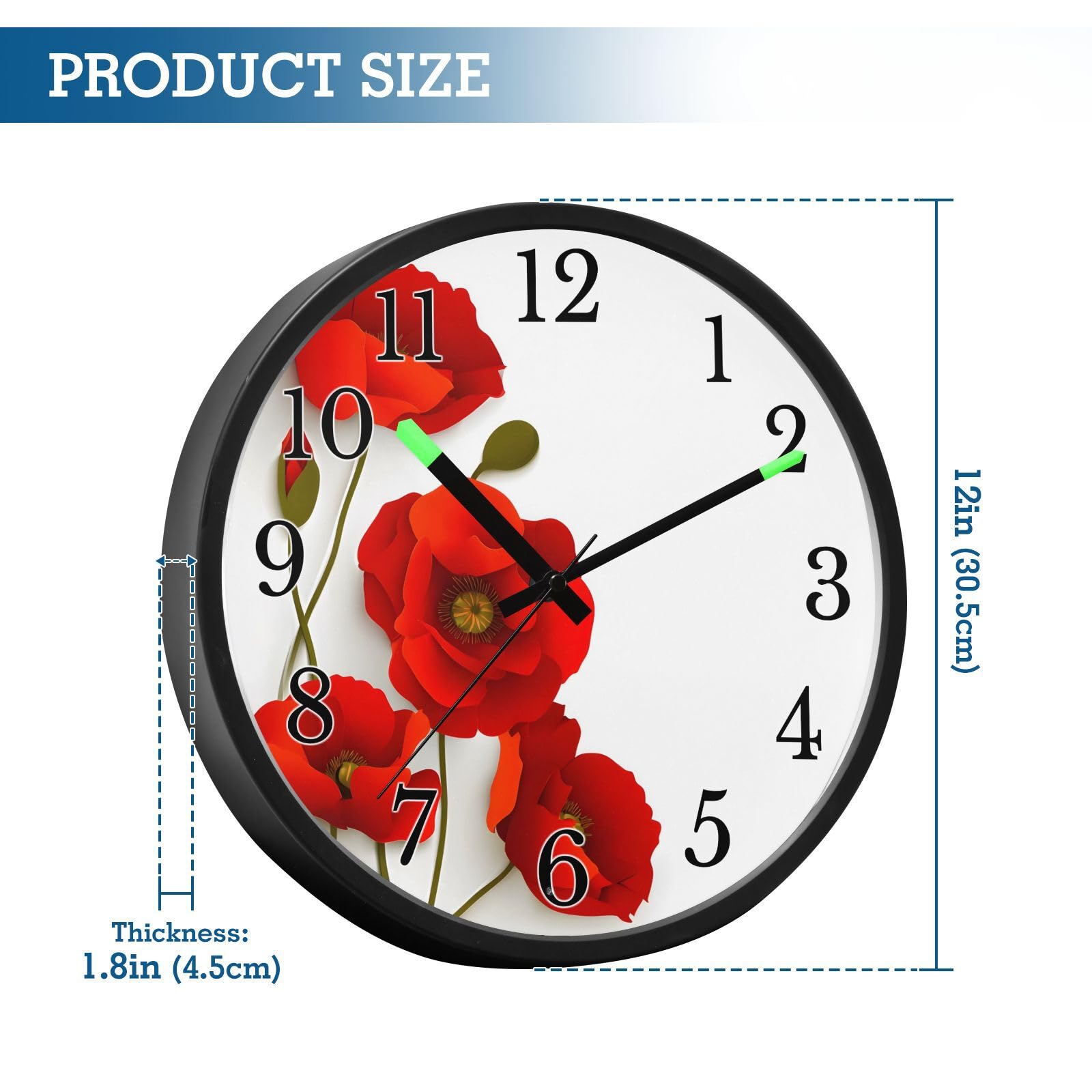 Mnsruu Reloj de pared luminoso con diseño de amapola roja y flores blancas, reloj de pared que brilla en la oscuridad, funciona con pilas, silencioso, sin tictac, luz nocturna para dormitorio