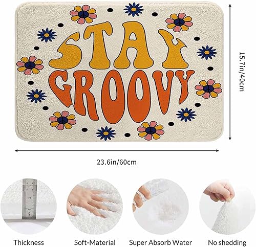 Miniatura 3 de Seventies - Alfombras retro de baño para baño, diseño de flores hippie en círculo, alfombra de baño de franela duradera para lavandería y decoración