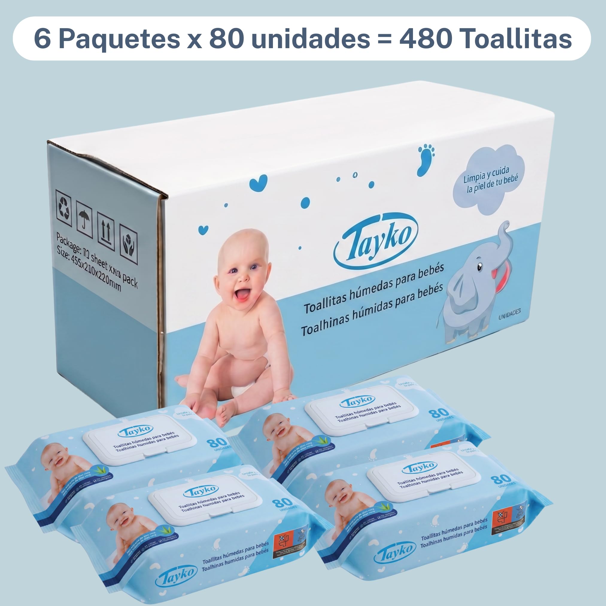 Tayko Toallitas ultrasuaves, 480 Toallitas para Bebé con Aloe Vera e Hipoalergénicas, Sin Alcohol y con Tapa Rígida, Toallitas Húmedas para Piel Sensible (6 paquetes de 80 unidades)