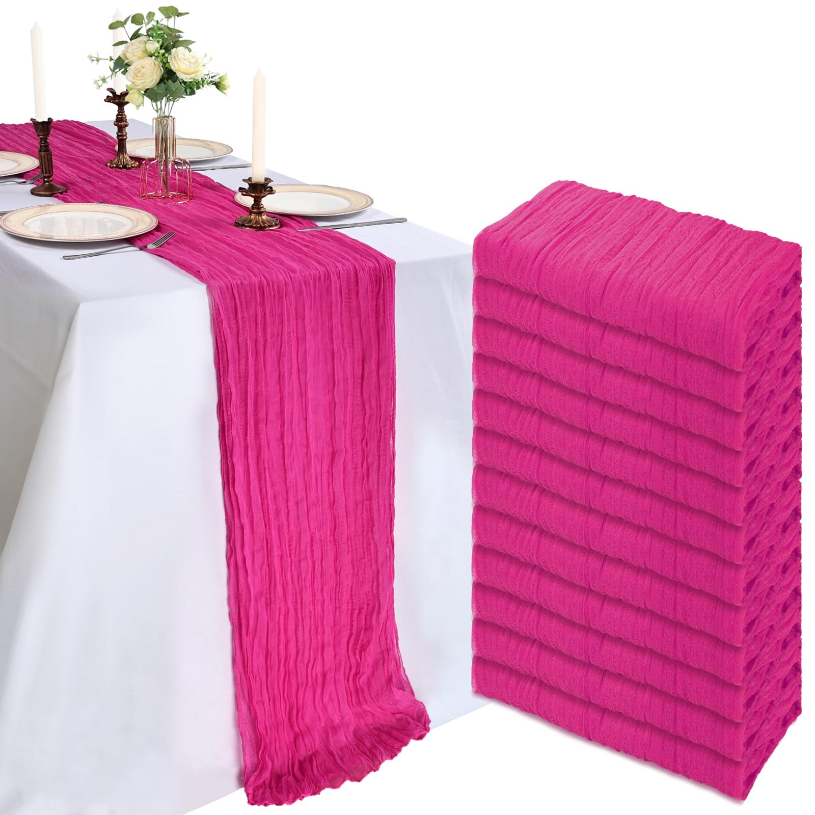 Photo 1 of 12 Pack 10FT Hot Pink Cheesecloth Table Runner 120 Inch Long Gauze Rustic Boho Spring Cheese Cloth Table Runner Sheer Fabric Decorations for Holiday Party Wedding Banquet Bridal Baby Shower Décor