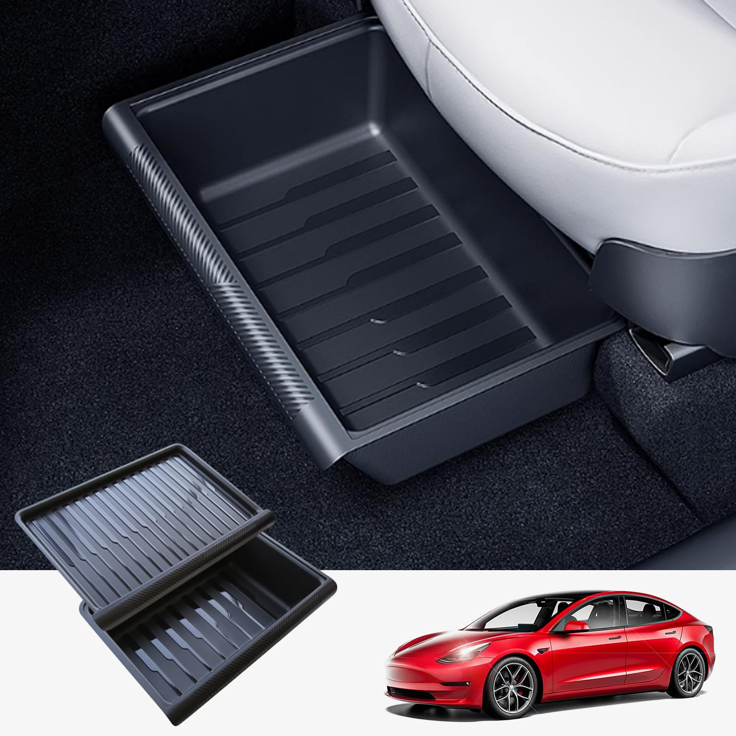 TOPABYTE Boîte de Rangement Sous Le Siège pour Tesla Model Y 2020-2025 Organiseur Plateau Caché avec Couvercle TPE Bacs de Tiroir Sous Siège Organisateur Accessoires, Noir, 2 Ppaquets