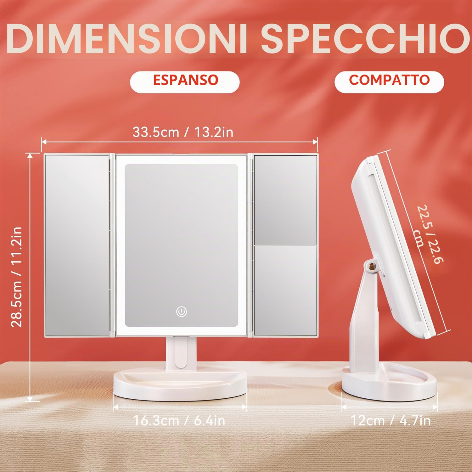 Auxmir Specchio Trucco con Luci Ricaricabile 2000mAh, Specchio Ingranditore 10X/5X/1X, Luminosità Regolabile, 3 Colori di Luce a 68pz LED, Ideale Regalo per Casa e Viaggio