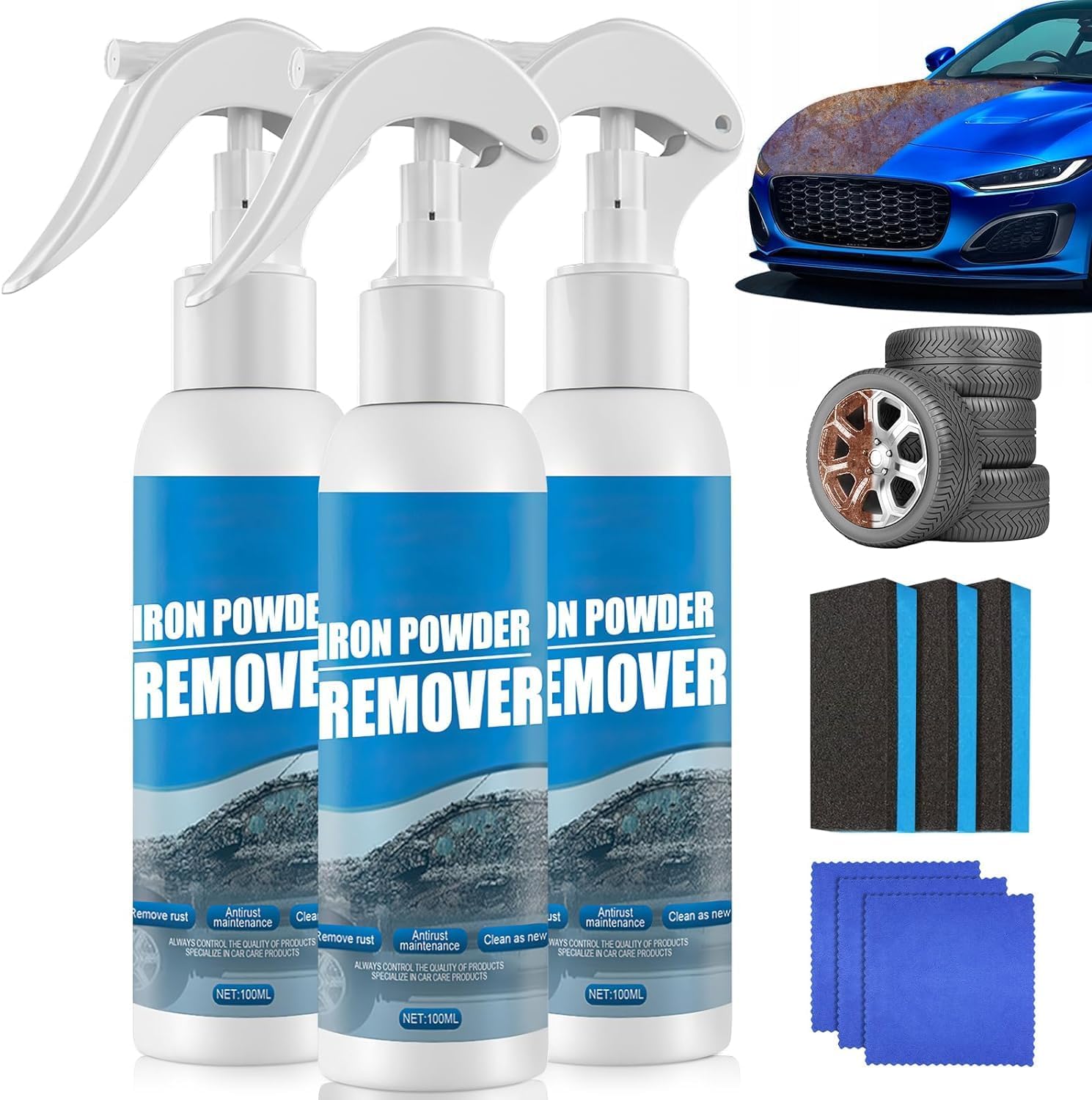 Iron Powder Remover, Rust Out Instant Remover Spray, Iron Powder Remover for Rust from Tools, Metals, Car Parts(3PCS*100ML)