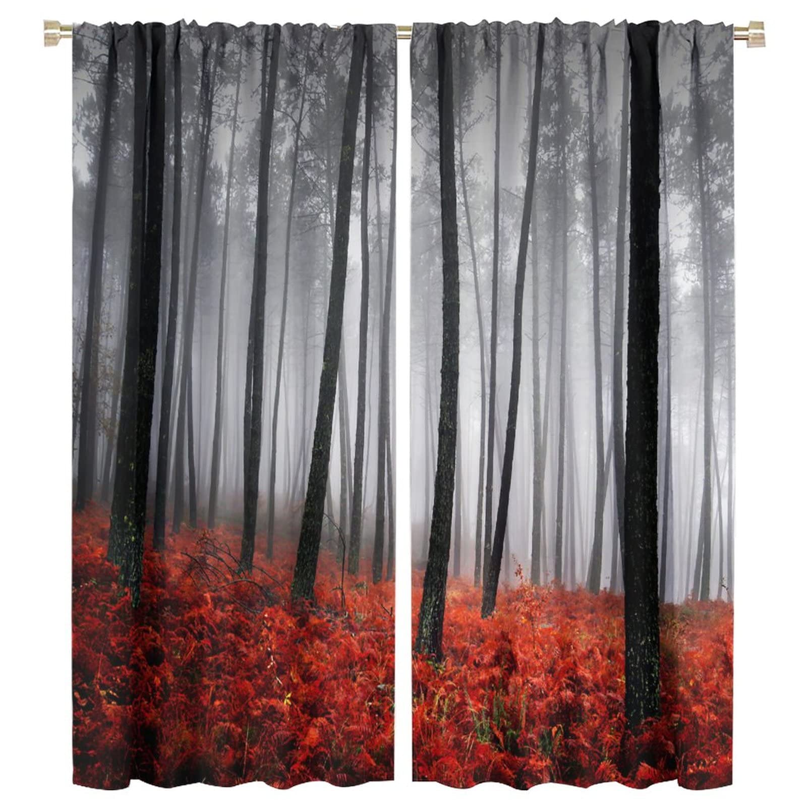JESTRONRY Forest Window Curtain,Red Fantasy Misty Forest Trees Jungle Bushes Blackout Rod Pocket Window Drapes 2 Panel Set for Living Room Bedroom Kitchen Bathroom Decor W55xL63in