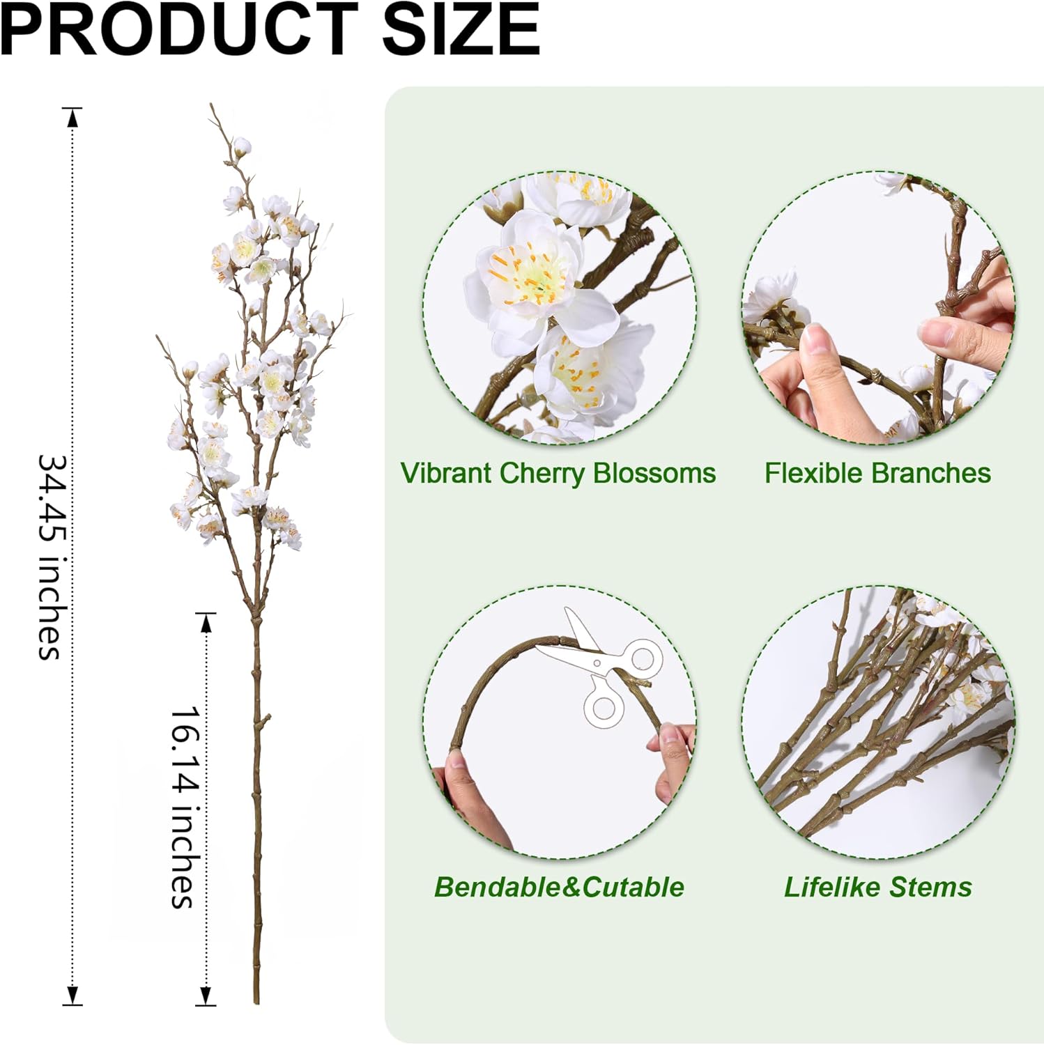 6 PCS Artificial Cherry Blossom Branches Spring Indoor Decoration, Faux Flowers 34.45" Long Stems Plum Fake Peach Plants Real Touch Silk for Wedding Home Bedroom Party Table Office, White - Image 3
