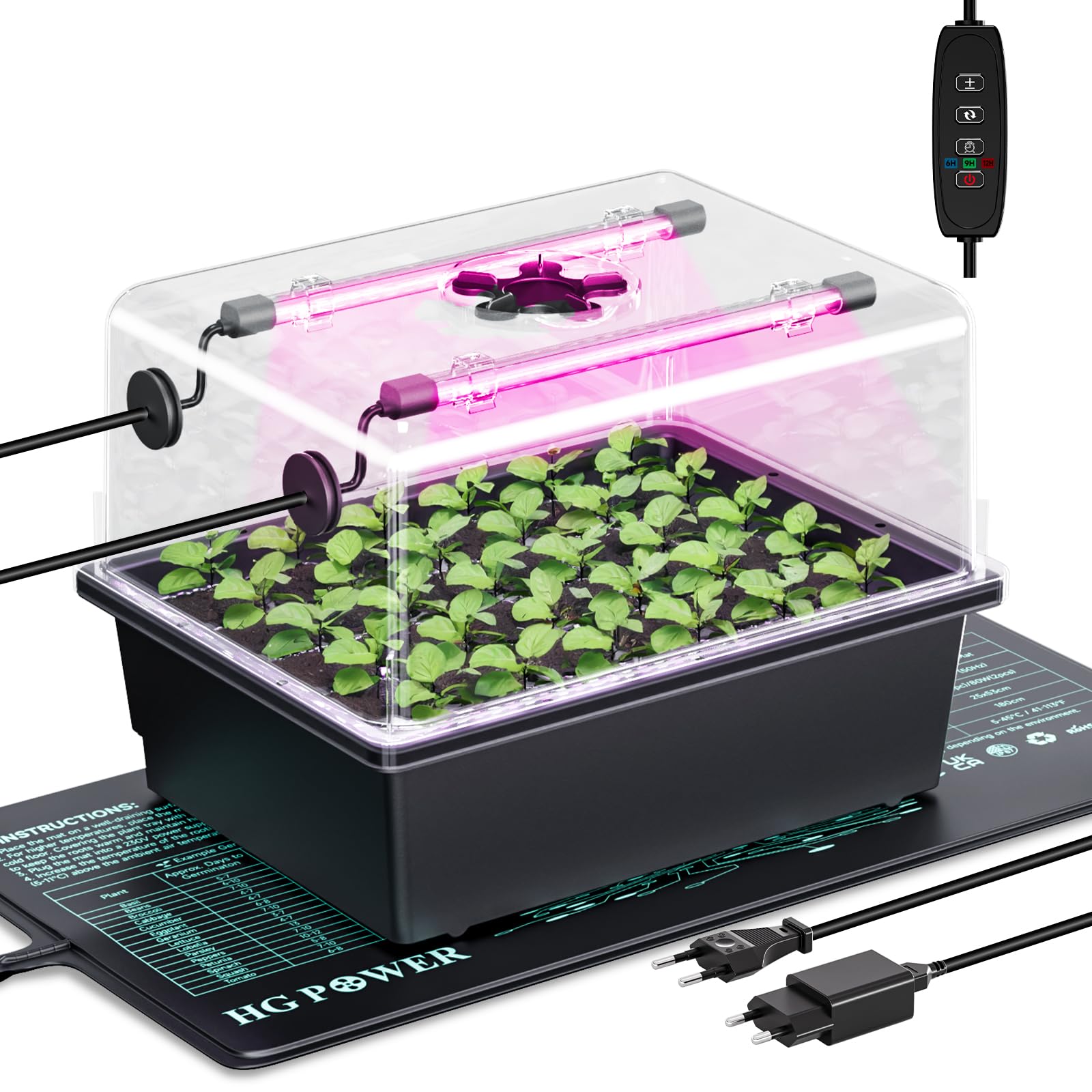 HG Power 55w Heizmatte Pflanzen Anzuchtkasten Opt. mit LED Pflanzenlampe Zimmergewächshaus mit 30 Zellen und Anzuchthaube, für Sämlinge, Gemüse & Kräuter – Opt. B Tray + LED + MAT