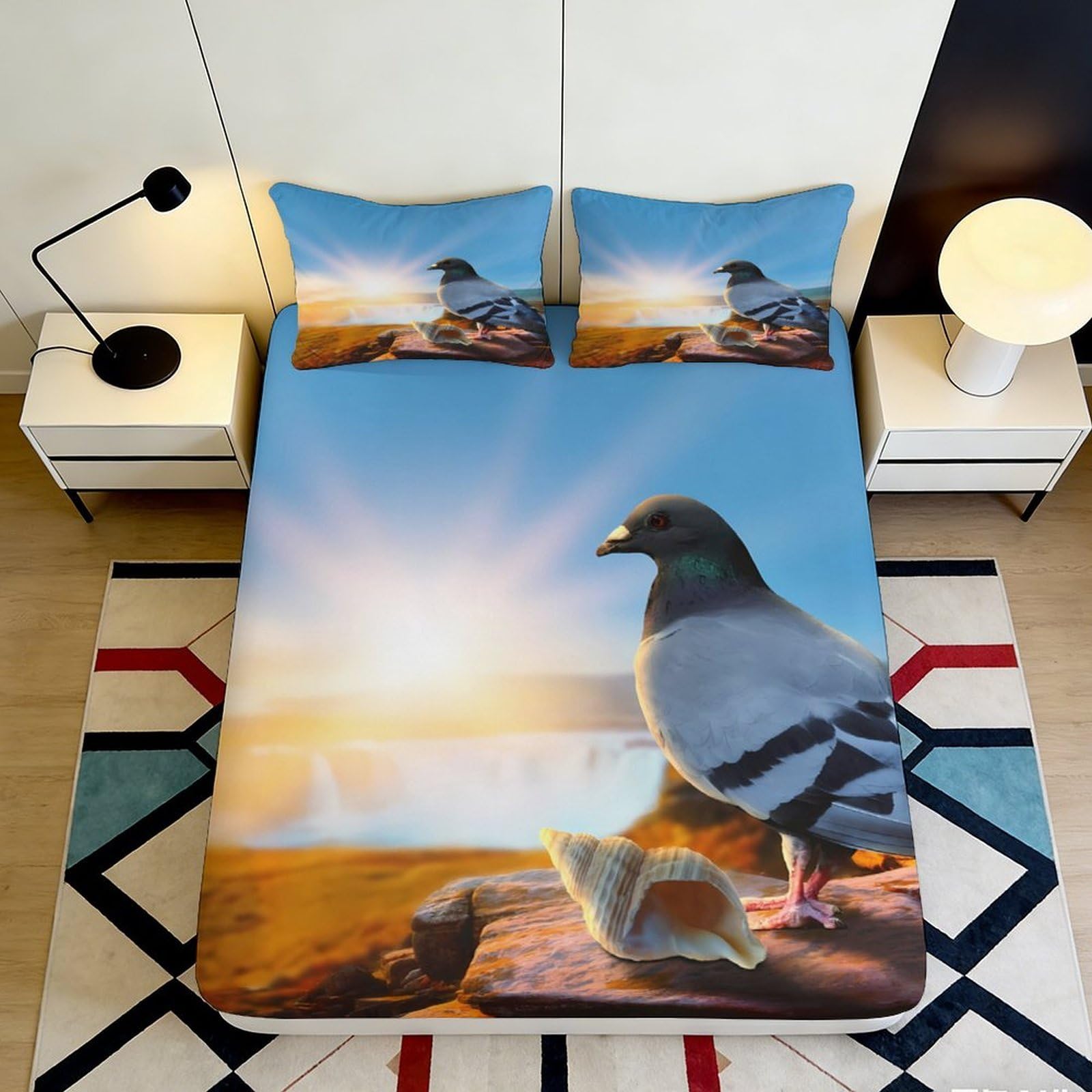 3D Printed Sunrise Pigeon Fitted Sheet Microfiber Soft Mattress Cover Bird Landscape Decor for Bedroom Guest Room 90x200x25cm