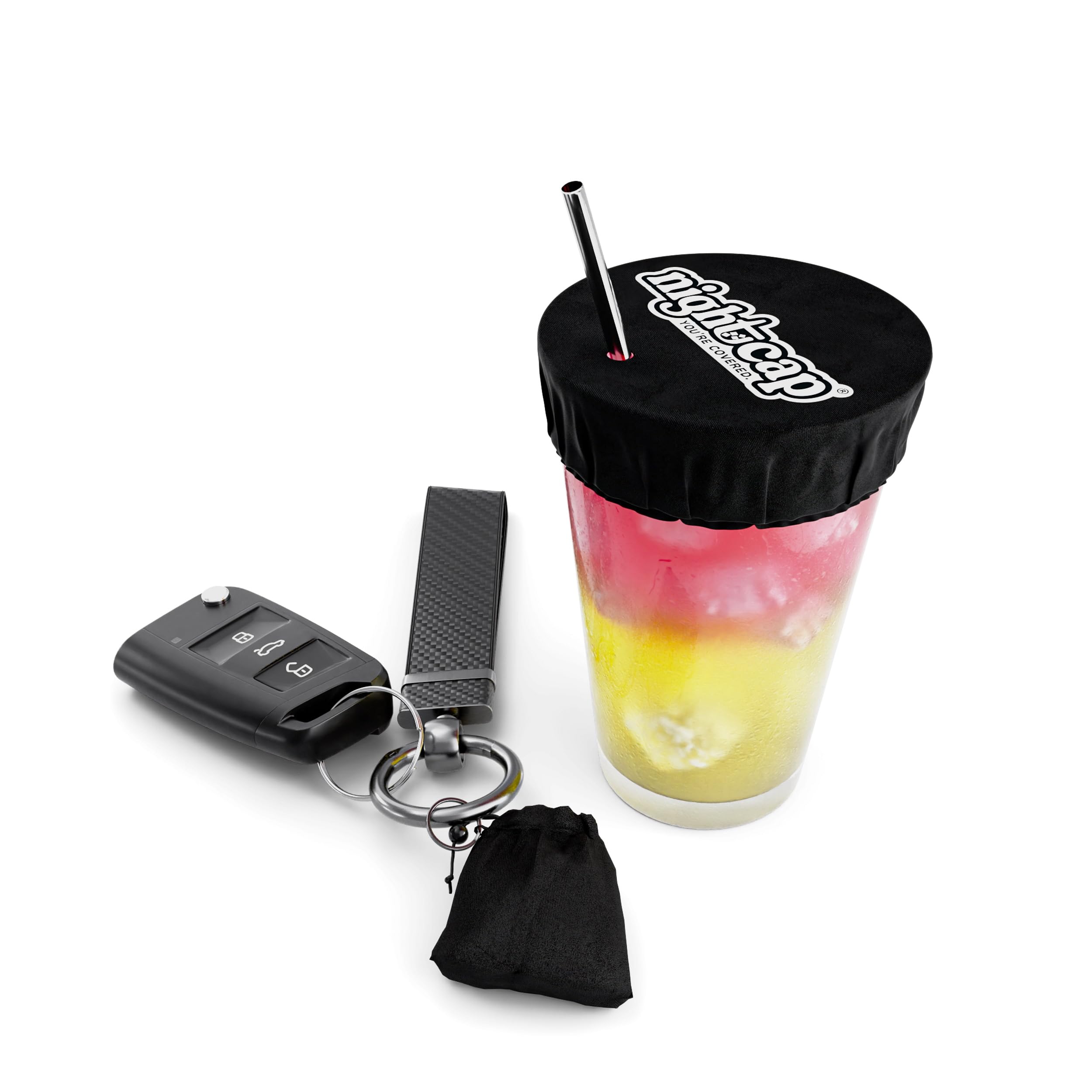 Nightcap - Keychain Drink Cover, As Seen on Shark Tank - Anti-Spike Drink Protector for Women - Reusable Drink Cover - Fits Most Cups & Glasses, Washable - Convenient & Portable - Black