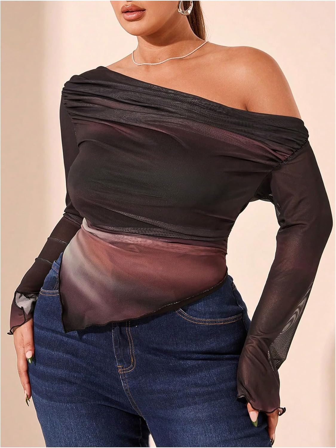 WDIRARA Women's Plus Size Leopard Print Off Shoulder T Shirt Ruched Bandana Hem Long Sleeve Tee - Image 4