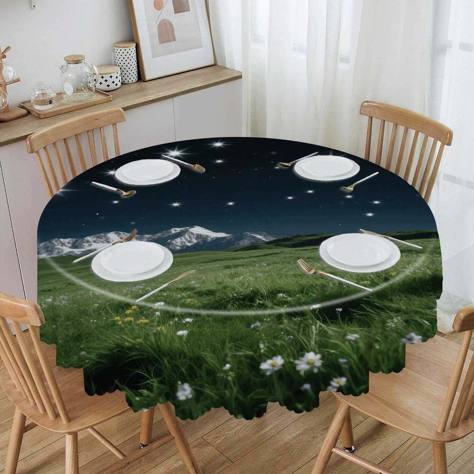 VstaDank Alpine Meadow Stars Round Tablecloth Wipeable Round Polyester Tablecloth Waterproof Wrinkle Free Indoor and Outdoor Table Cover 60 Inch Decorative Farmhouse Table Cloth for Dining