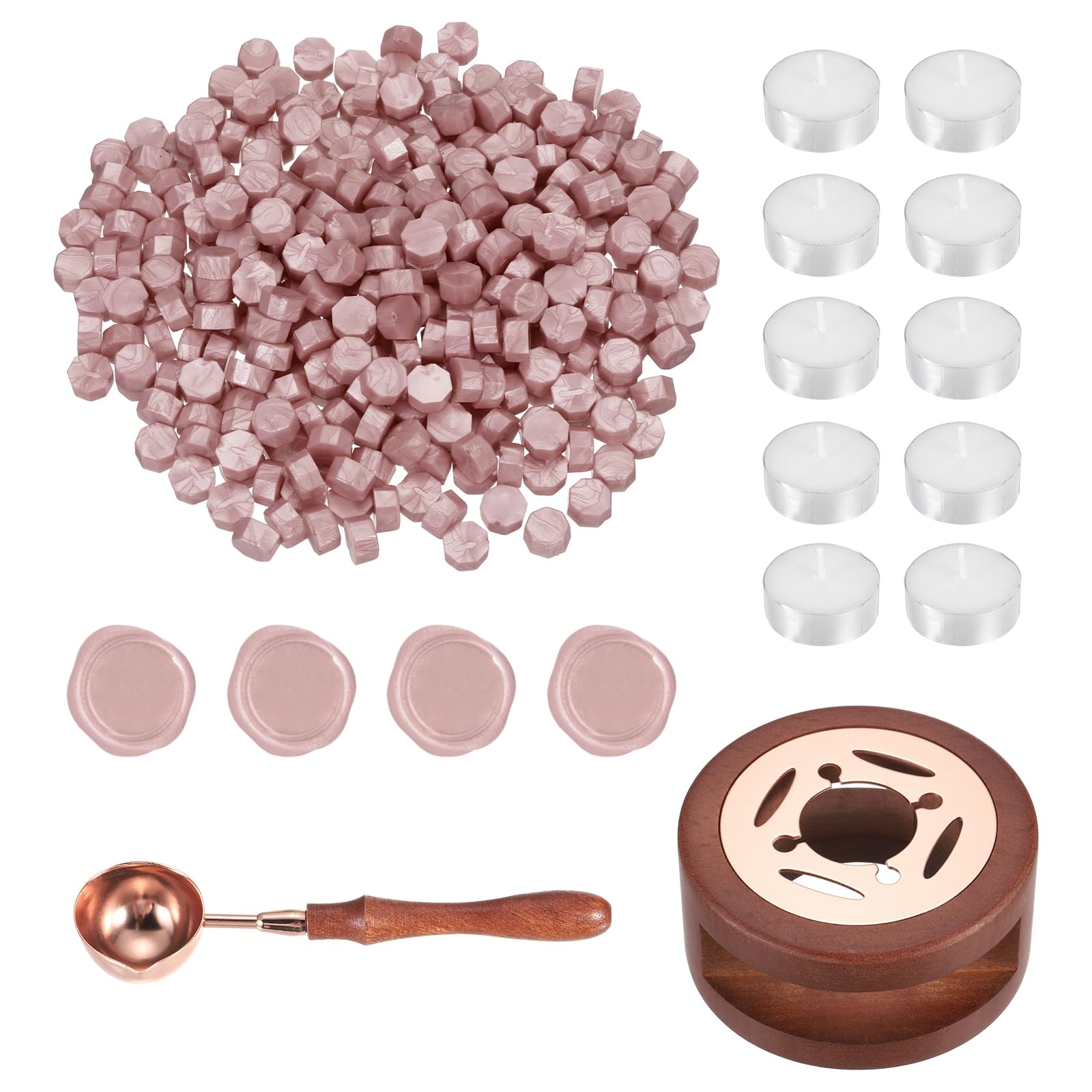 PATIKIL Wax Seal Kit, 300 Pcs Wax Sealing Beads, Wooden Warmer, Melted Spoon, 10 Pcs Tealight Candles for Envelope Letter Mailing Crafts DIY, Rose Gold