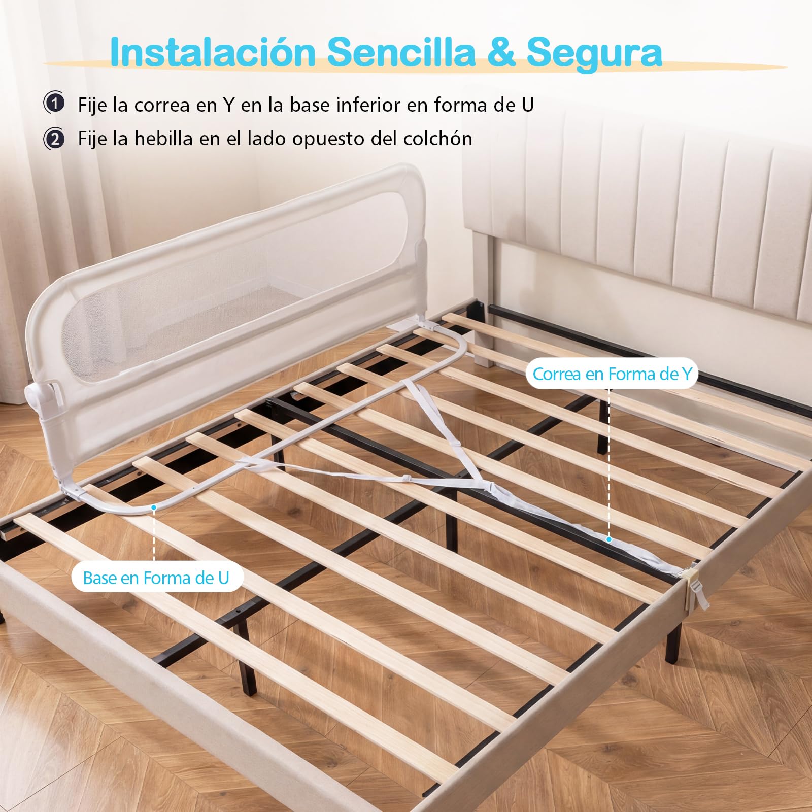 COSTWAY Barrera Seguridad Niños, Barandilla Plegable para Cama, Barandilla de Seguridad Ajustable dcon Funda Extraíble de Tejido Oxford y Base Robusta en Forma de U (Blanco,150 x 60 cm)