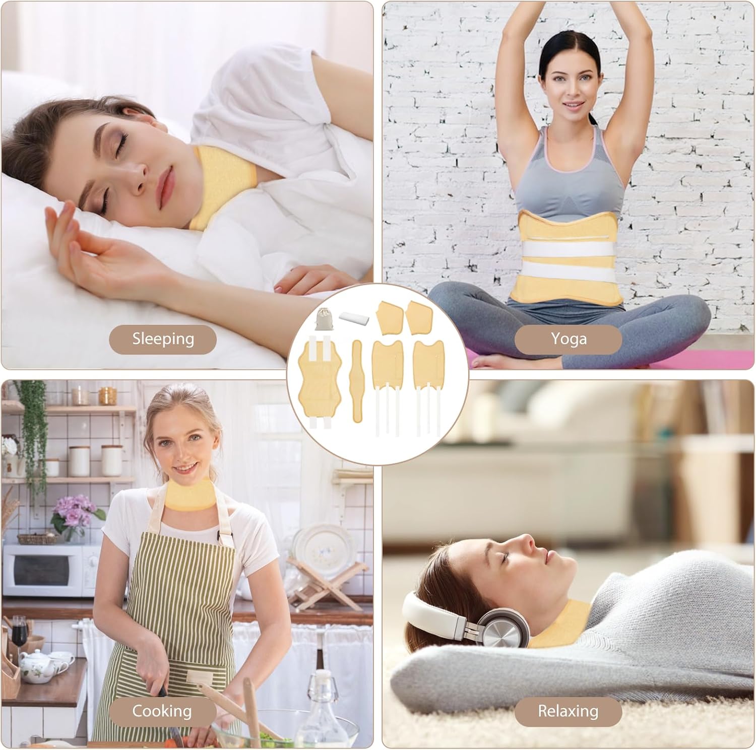 Four images showing different scenarios of using the castor oil pack: while sleeping, doing yoga, cooking, and relaxing.