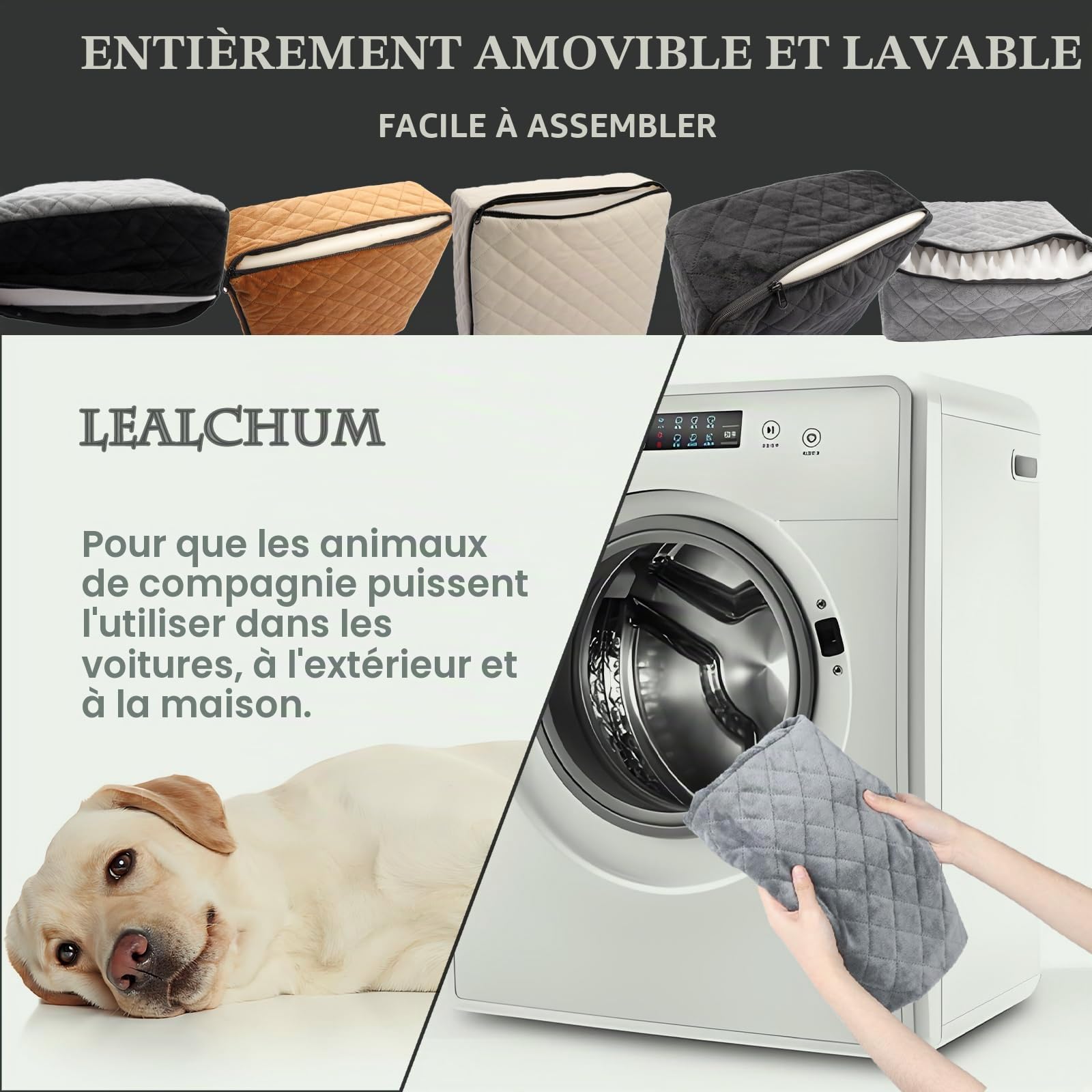 Lealchum Siège de voiture rehausseur pour chiens S/M, coussin surélevé doux de 15,2 cm, s'adapte aux sièges avant/arrière, amovible et lavable, 2 poches de rangement